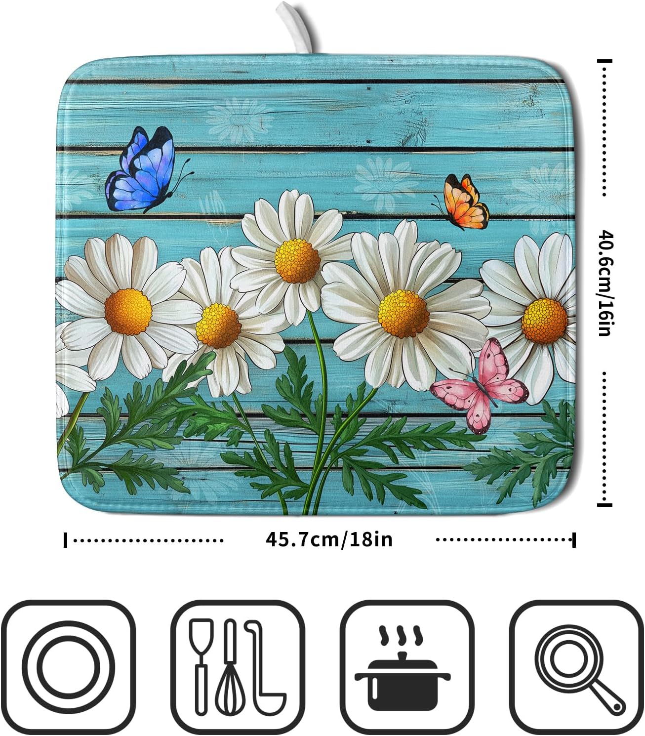 Spring Daisy Floral Dish Drying Mat for Kitchen Counter 16x18in Turquoise Daisy Old Wooden Board