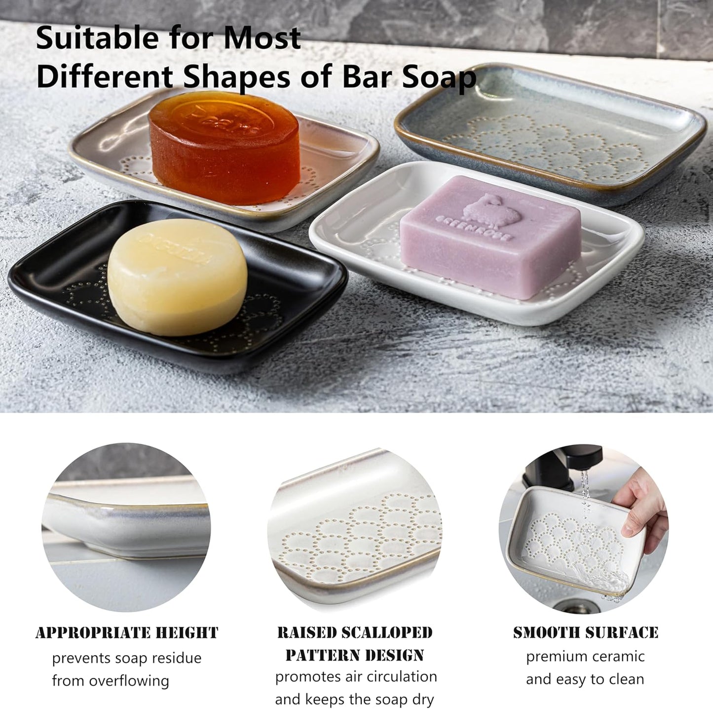 Gomakren Soap Dish for Shower, Ceramic Soap Dishes for Bar Soap Sponge, Shower Soap Holder Saver