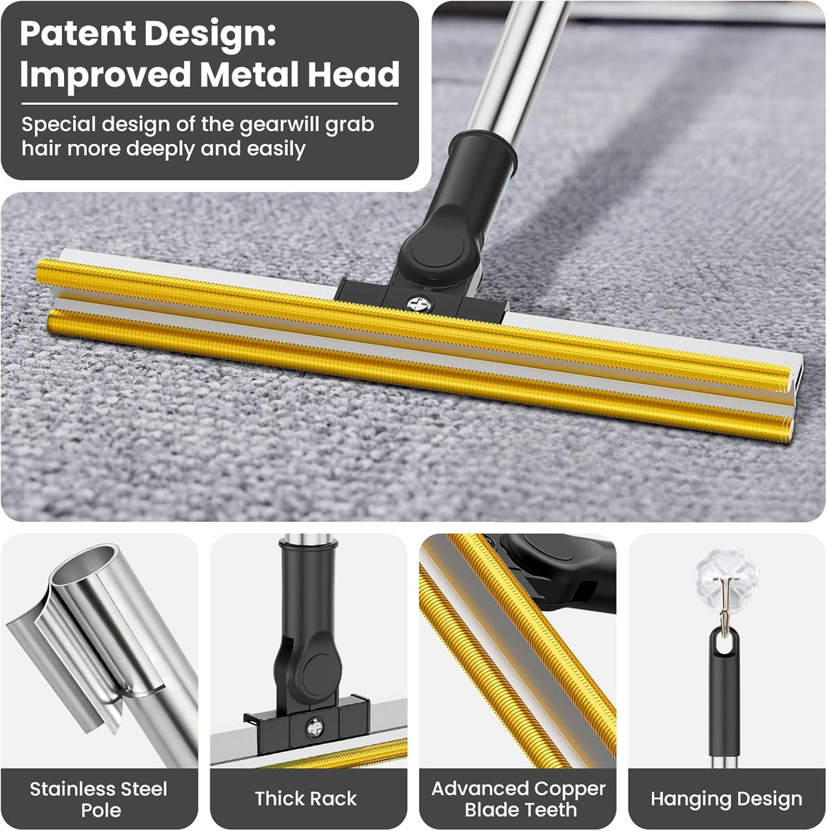 3 in 1 Carpet Rake for Pet Hair Removal, Tool Set of 3, 55” Long Handle Carpet Pet Hair Removal