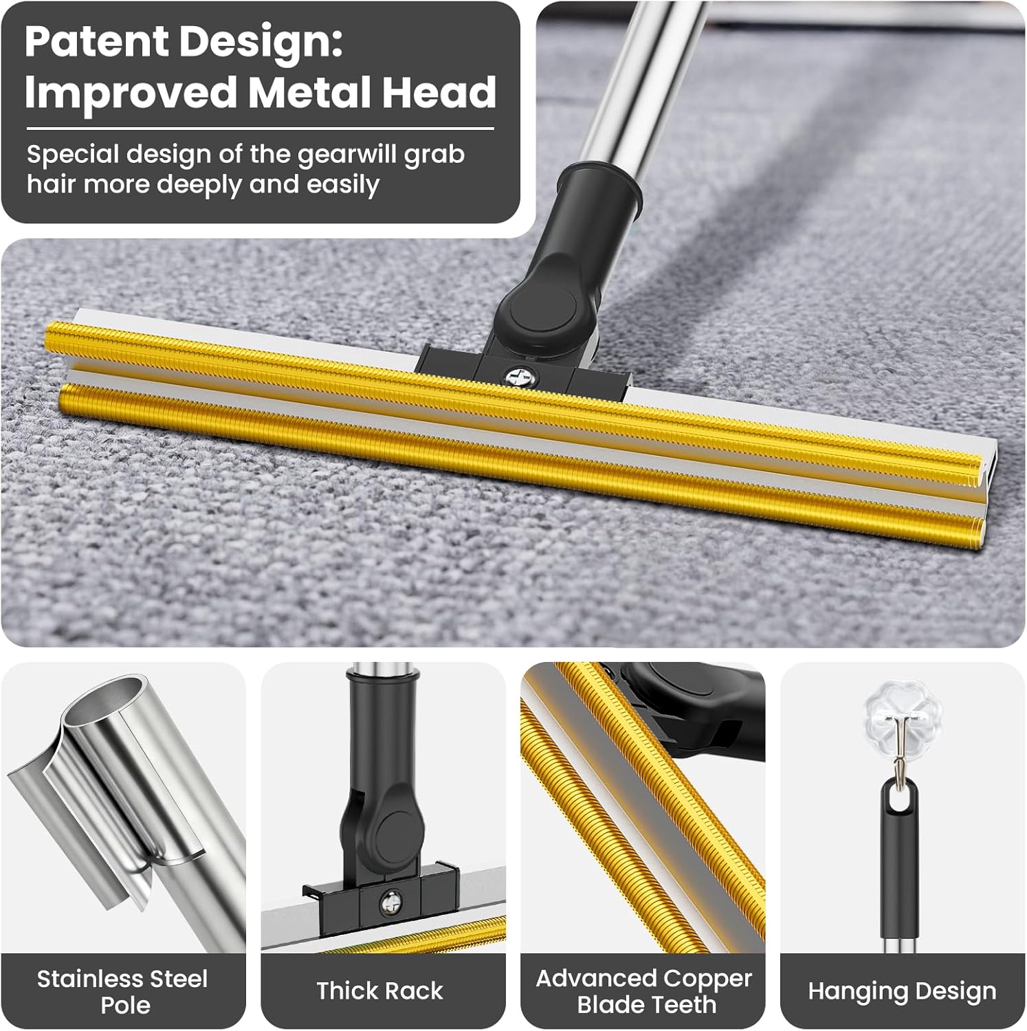 3 in 1 Carpet Rake for Pet Hair Removal, Tool Set of 3, 55” Long Handle Carpet Pet Hair Removal
