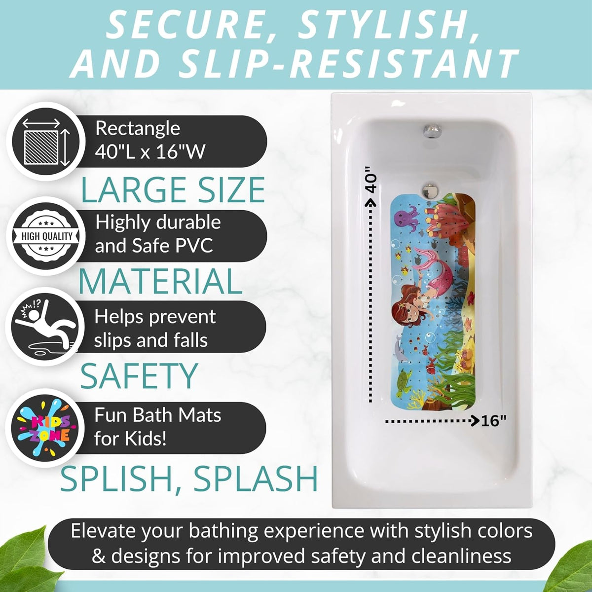 Mermaid Bath Mat - Bath Grips for Tub Kids - Anti Slip Bath Mat for Kids - Bath Mat for Baby - Bath