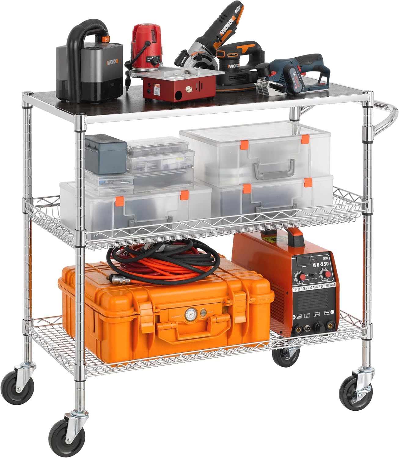 Finnhomy 3 Tier Heavy Duty Commercial Grade Utility Cart with Wood Top, Wire Rolling Cart with