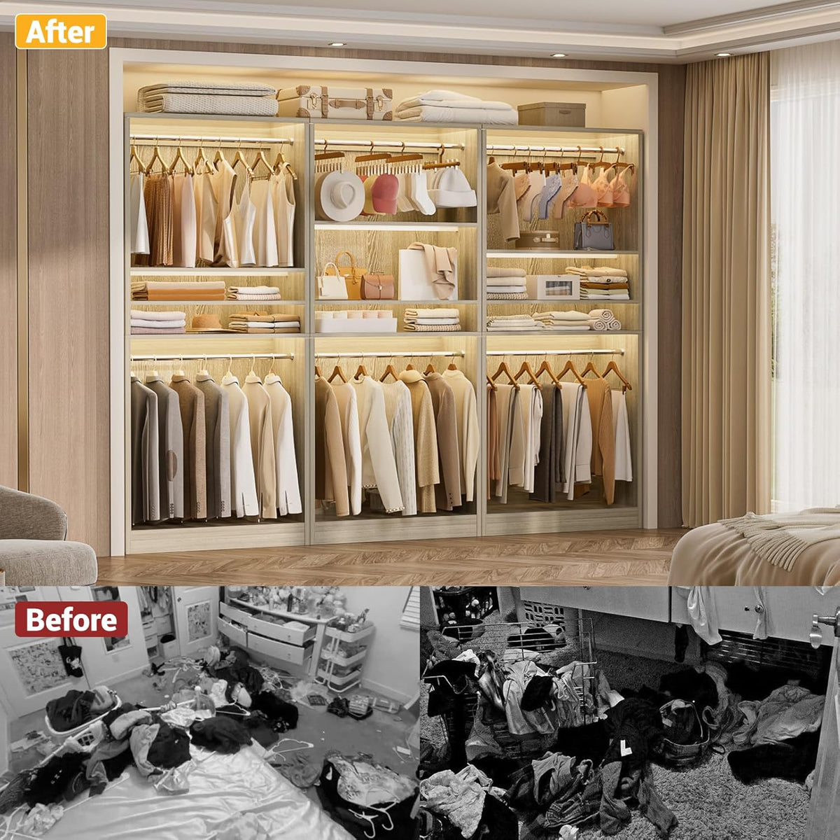 Unikito 3FT Freestanding Closet System with 2 Hanging Rods & Adjustable Shelve, 36'' Wood Closet