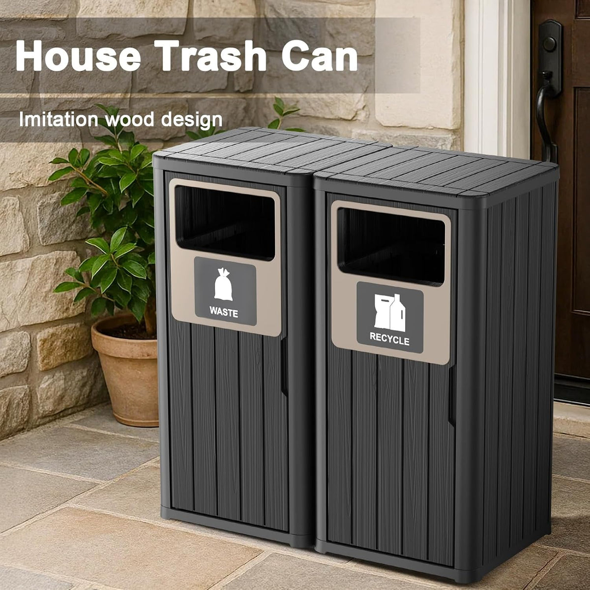 Outdoor Double Barrel Trash Can,Waterproof Resin Garbage Can with Garbage Labels,Durable Waste Bin