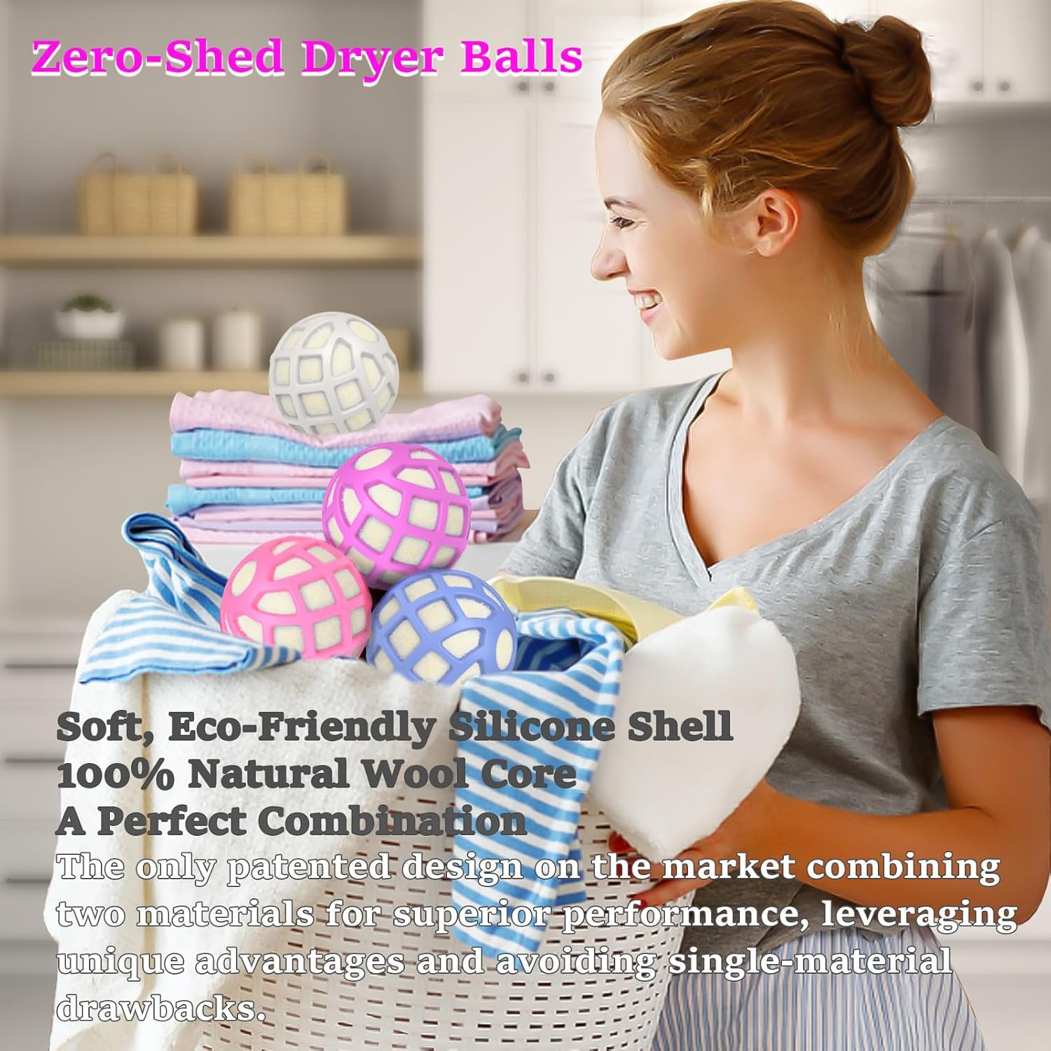 Dryer Balls – Patented Silicone Guard, Natural Wool Core, Super Anti-Tangle & Saves Drying Time