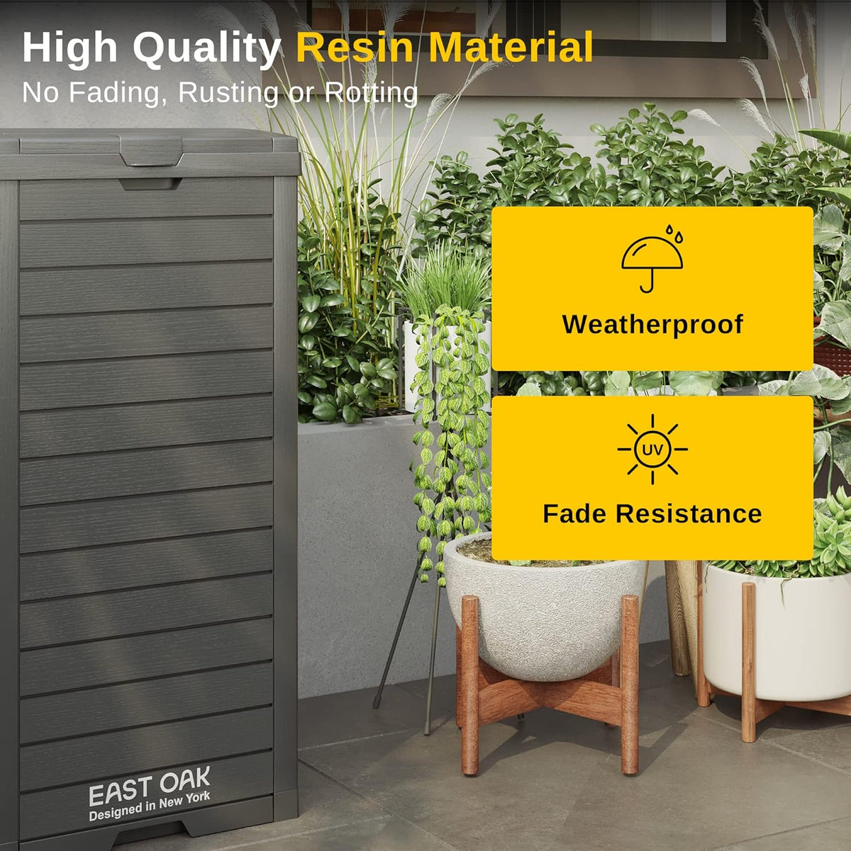 EAST OAK 38 Gallon Outdoor Trash Can | Waterproof Resin Garbage Can with Tiered Lid & Drip Tray |