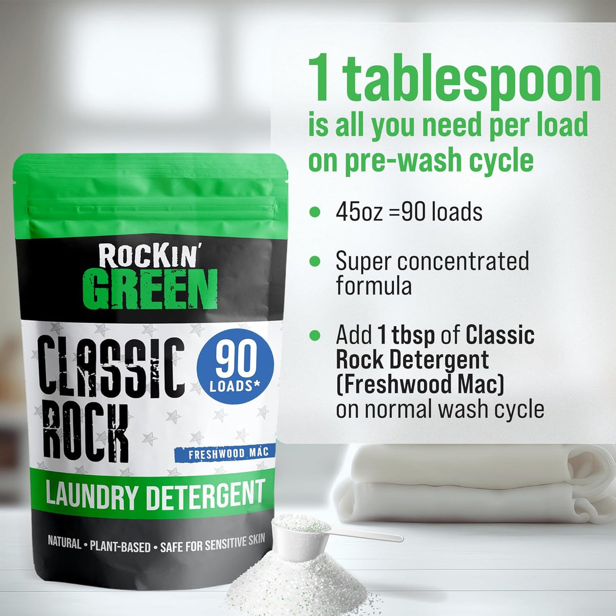 Rockin' Green Classic Rock Laundry Detergent (90 Loads), Plant based, All Natural Laundry Detergent
