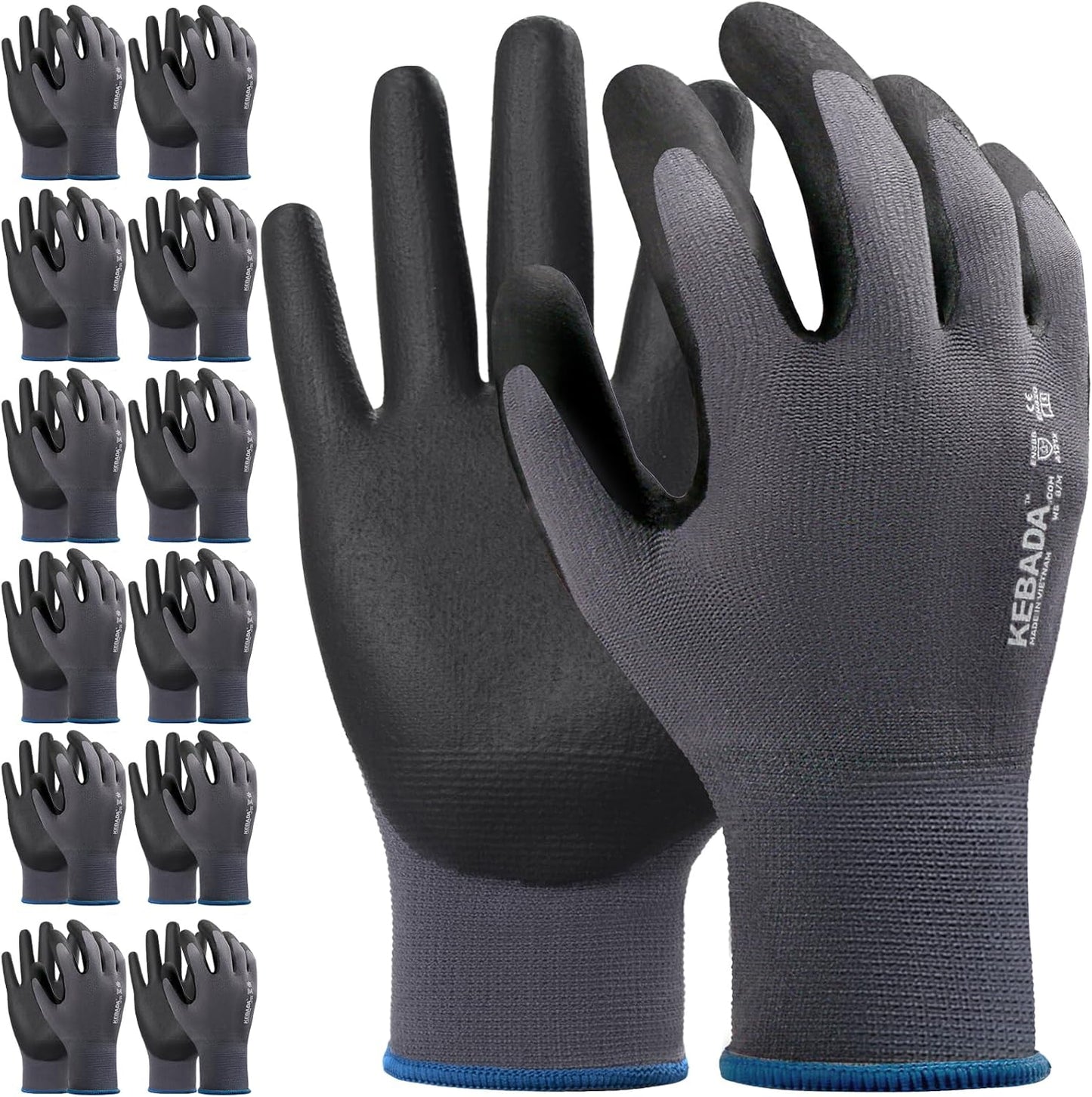 Kebada Work Gloves for Men and Women, Foam Nitrile Coated Safety Gloves with Grip, Ideal for