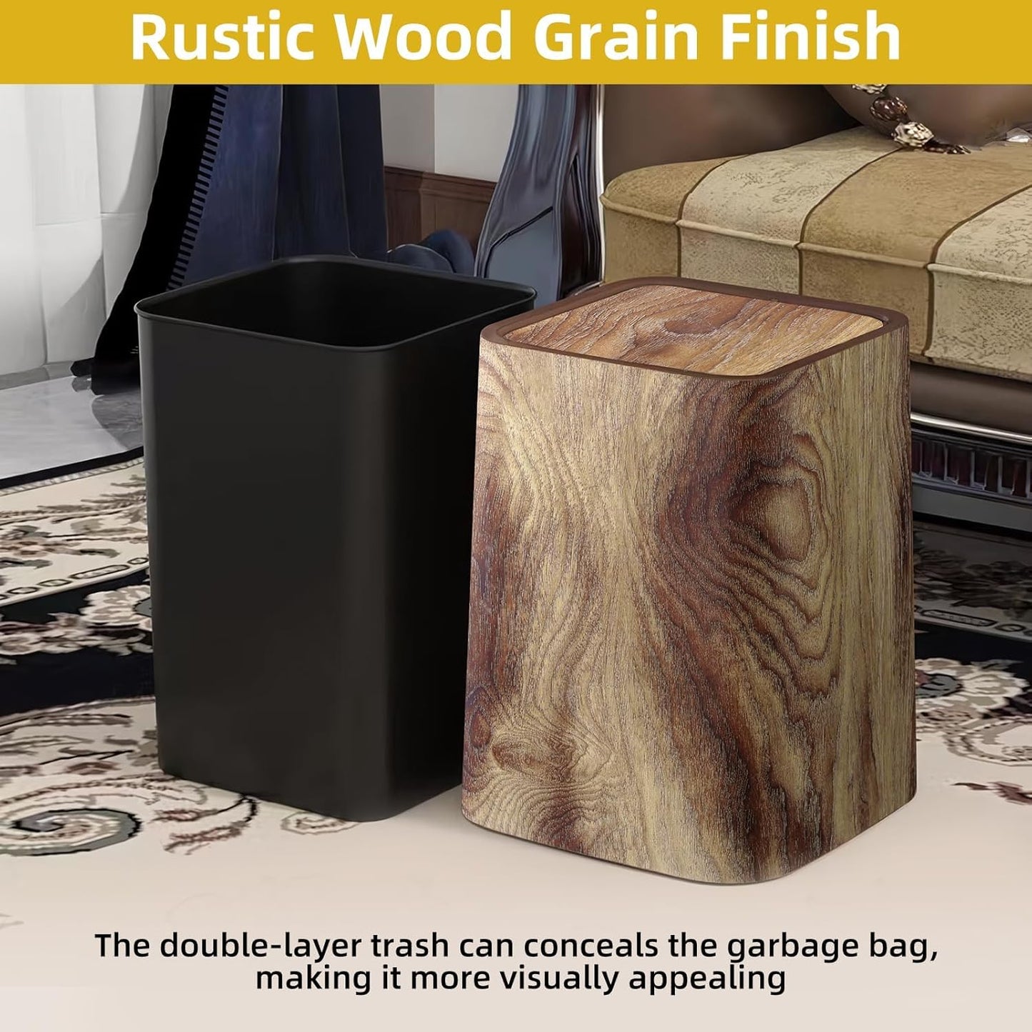 Wood Grain Plastic Trash Can Swing Top Lid, 4Gal/15L Farmhouse Wastebasket Bin Retro Style with