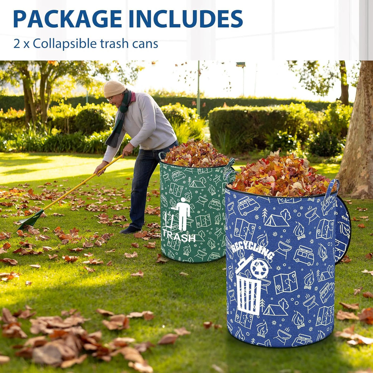 2 Pack Collapsible Trash Can Camping with Zippered Lid Foldable Storage Bin Portable Garbage Can