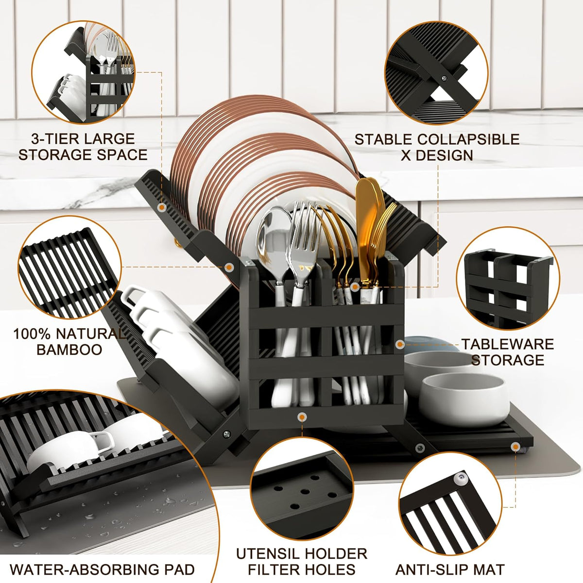 Greenual Black Bamboo Dish Drying Rack with Utensil Holder, 3 Tier Collapsible Dish Rack, Wooden