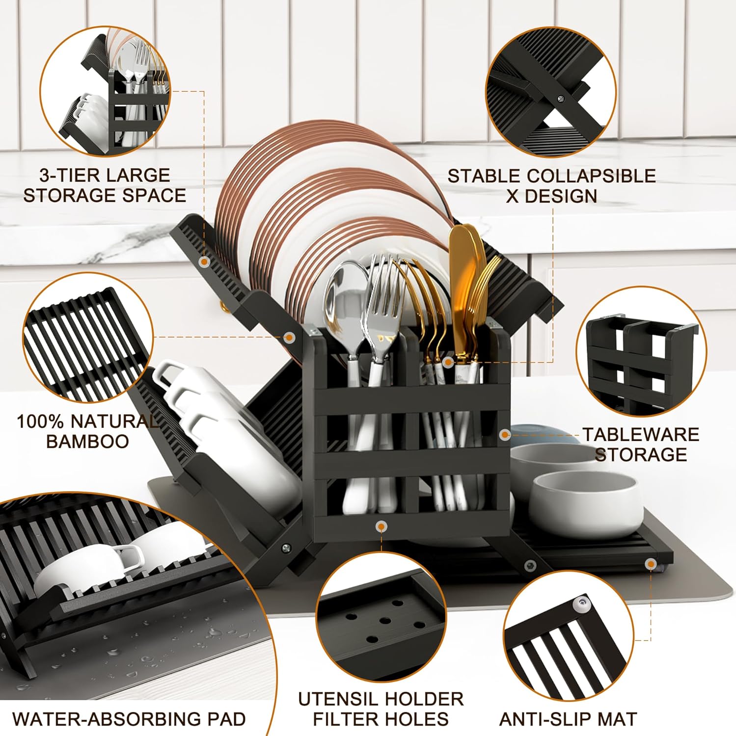 Greenual Black Bamboo Dish Drying Rack with Utensil Holder, 3 Tier Collapsible Dish Rack, Wooden