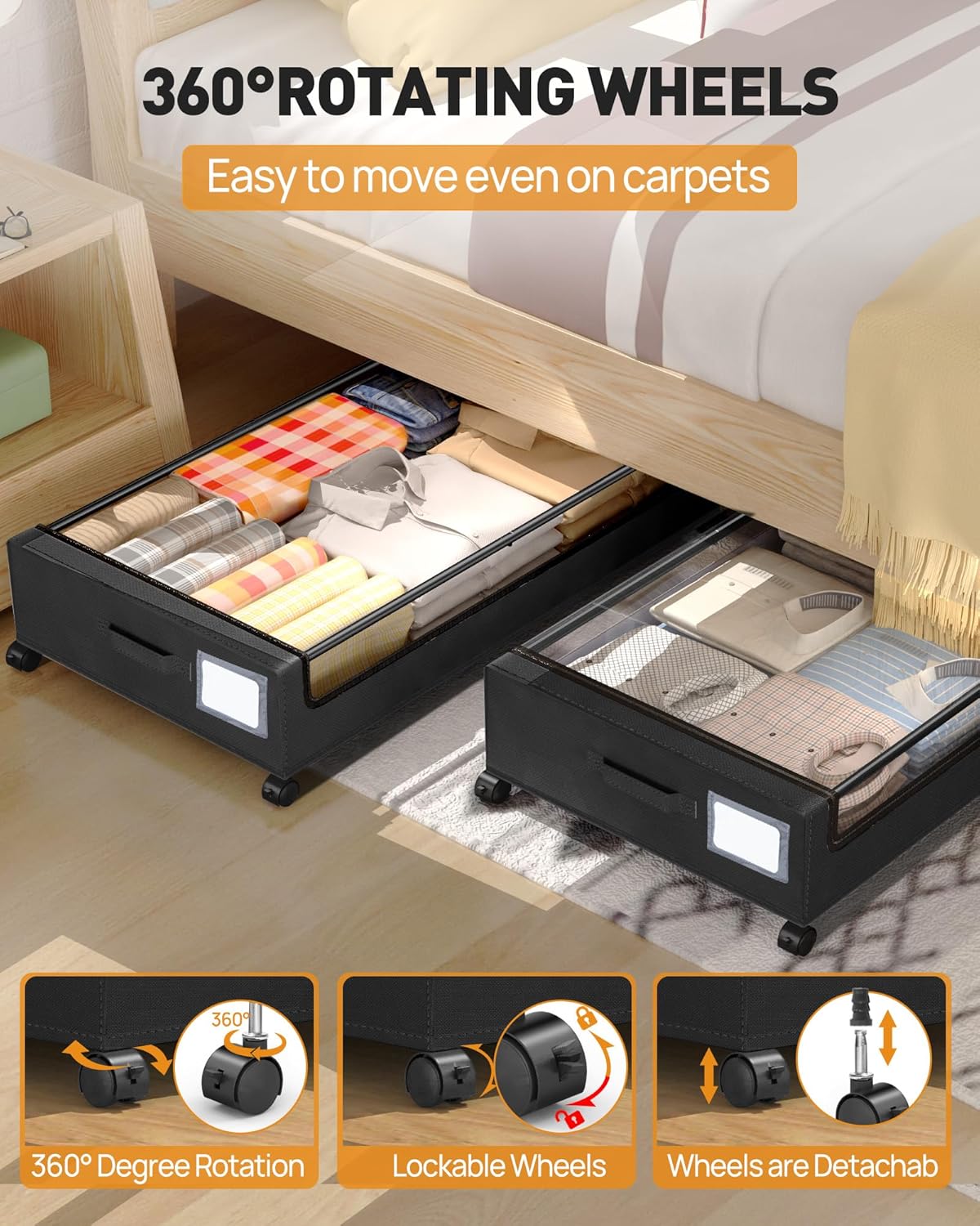 Under Bed Storage With Wheels, 2 Pack Square Containers, 60L Bins, Rolling Metal Drawer for