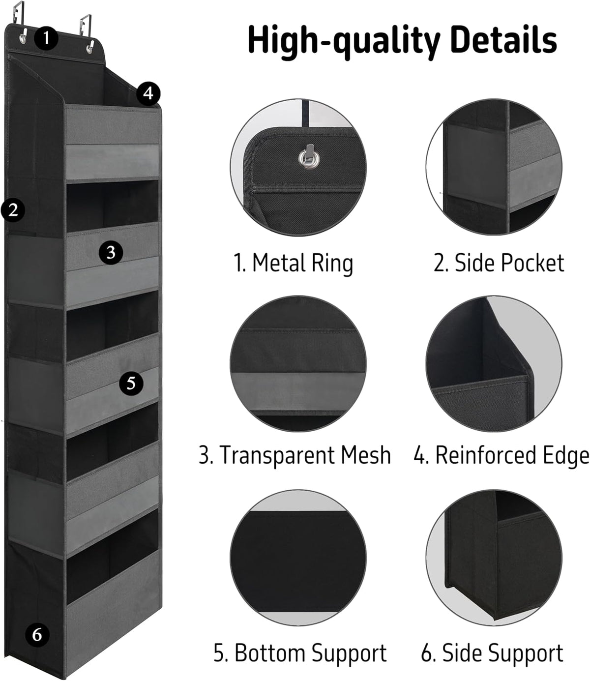 Over Door Organizer with 5 Large Pockets, Heavy Duty Hanging Organizer Storage, Closet Bathroom