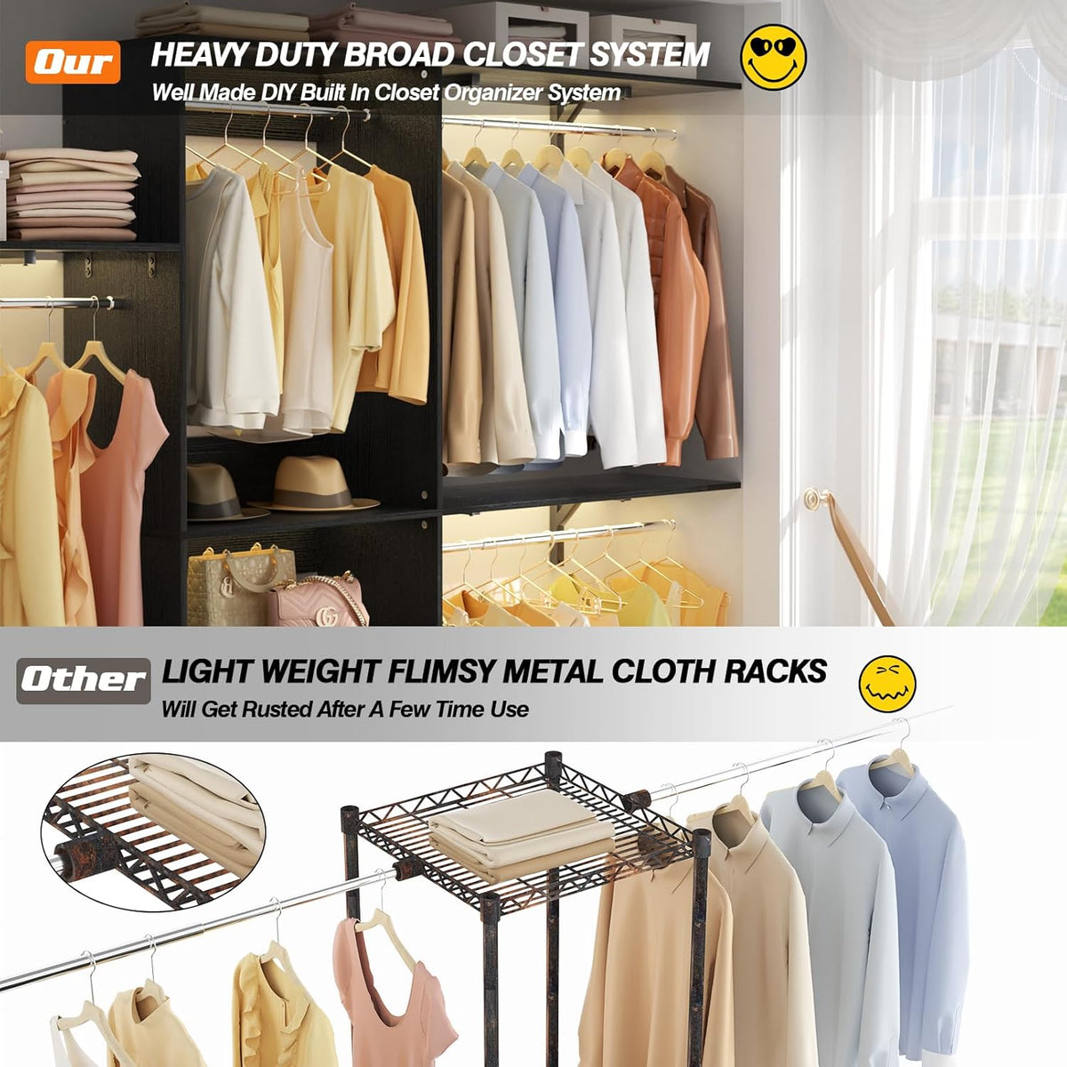 8FT Closet System with Shelves, 96'' Closet Organizer System with 3 Hanging Rods, Wall Mount