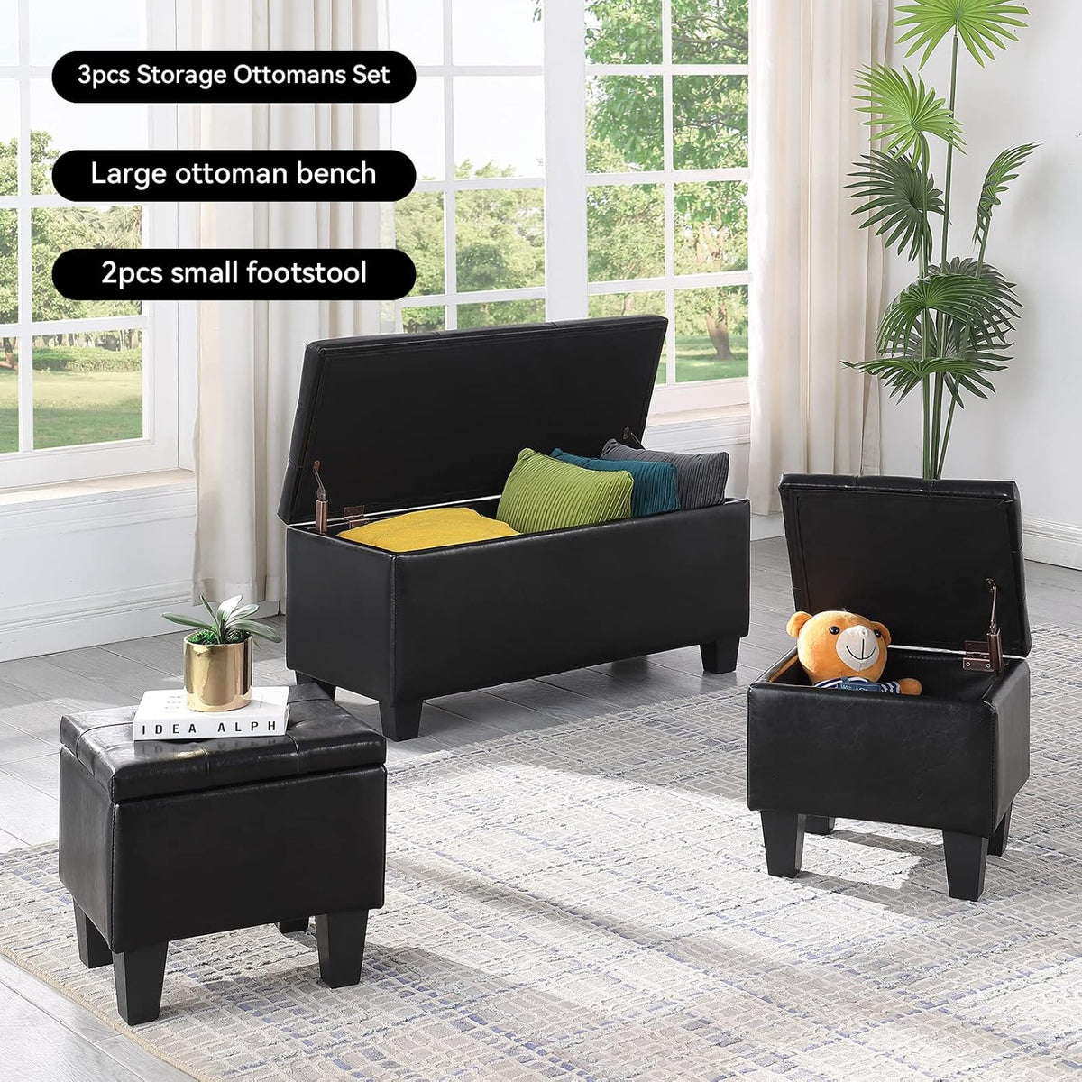 Storage Ottoman Set of 3, 38'' Button-Tufted Coffee Table Bench with 2pcs Nesting Foot Stools, for