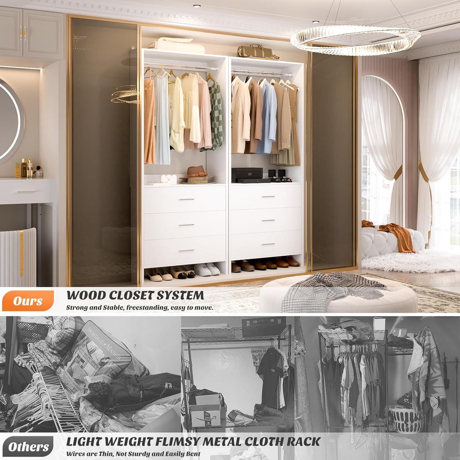 Aheaplus 2FT Closet System with 3 Drawers, 24’’ Closet Organizer, Wood Closet Organizer System