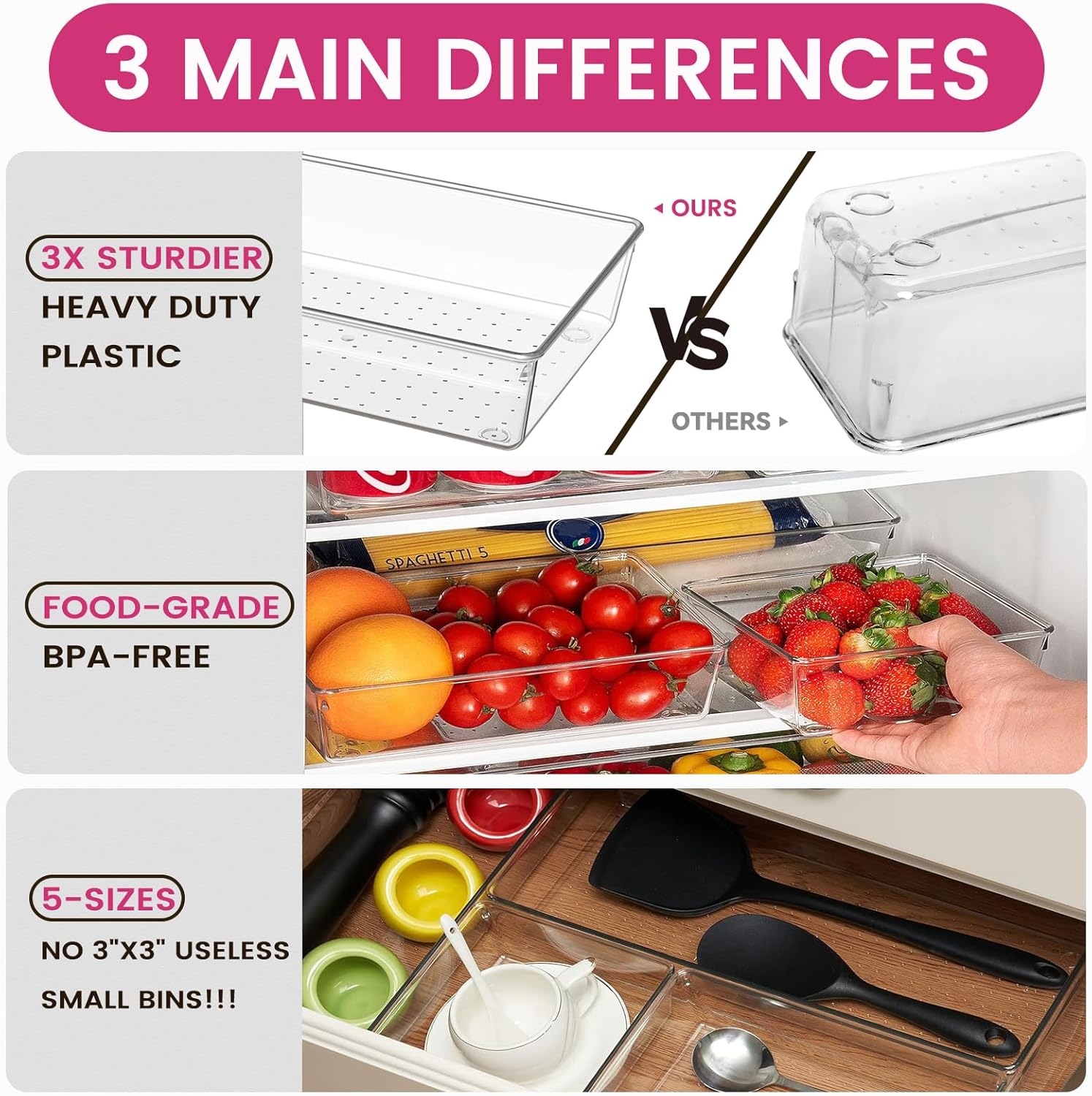 Criusia 26 Pack Large Clear Plastic Drawer Organizer Bins -5 Size Heavy Duty Acrylic Kitchen Drawer