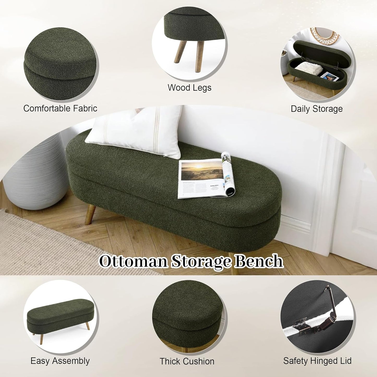 Storage Bench, 43" Storage Ottoman Bench, Shoe Storages Benches for Bedroom, Upholstered Entryway