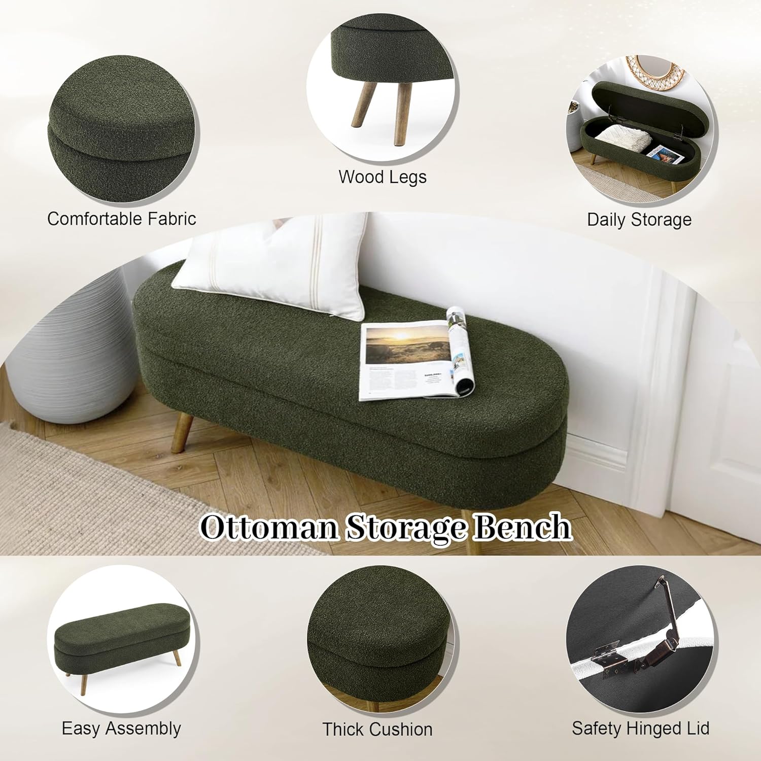 Storage Bench, 43" Storage Ottoman Bench, Shoe Storages Benches for Bedroom, Upholstered Entryway