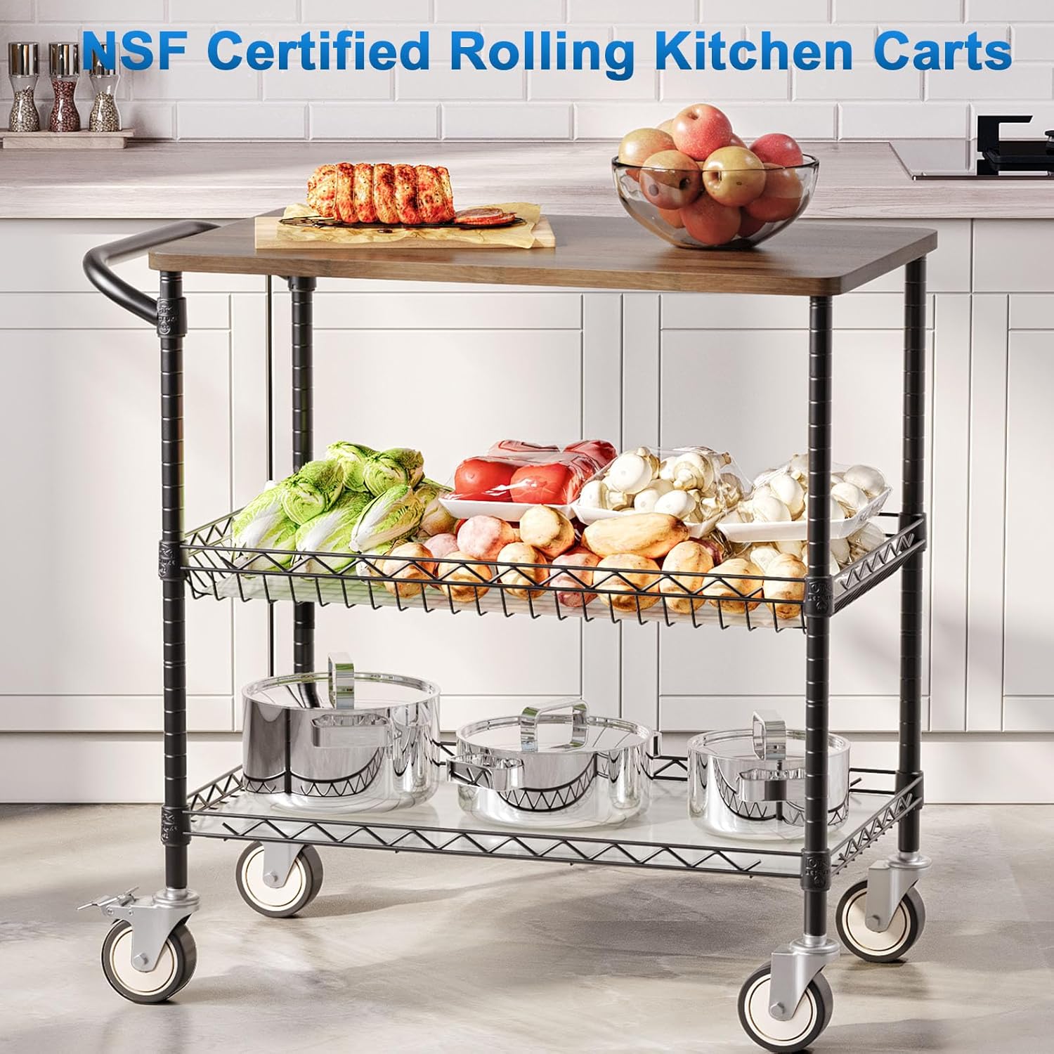 Leteuke Rolling Kitchen Carts with Wheels, 34" L x 17.5" W, 3-Tier Heavy Duty Utility Cart with