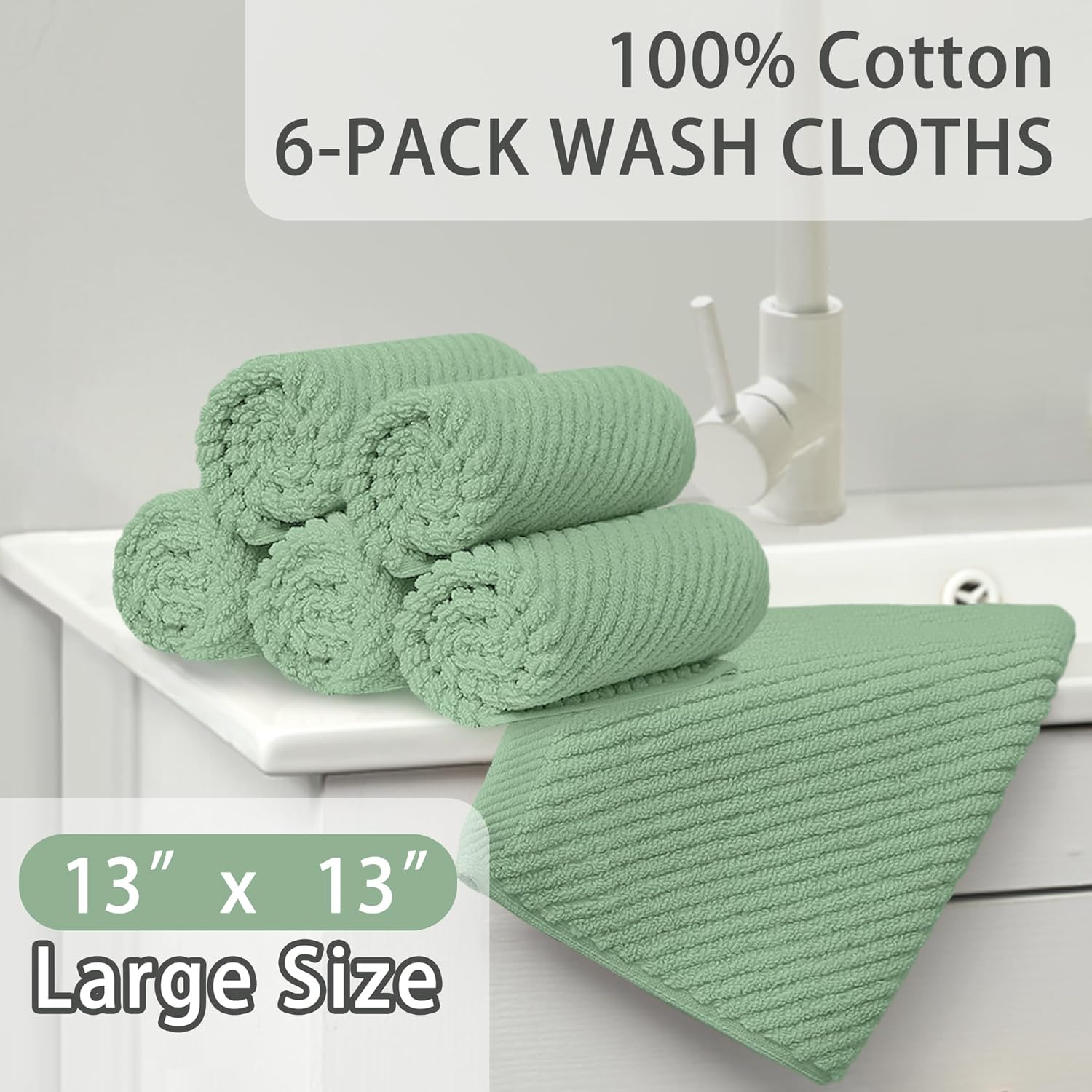 VOOVA & MOVAS Face Towels, 6PC 13"x13" - 100% Cotton | Quick Dry | Thick | Soft | Light Weight |