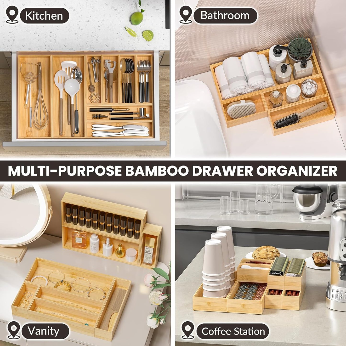 Kitchen Drawer Organizer Bins, Stackable Bamboo Drawer Organizer for Silverware, Flatware, Deep
