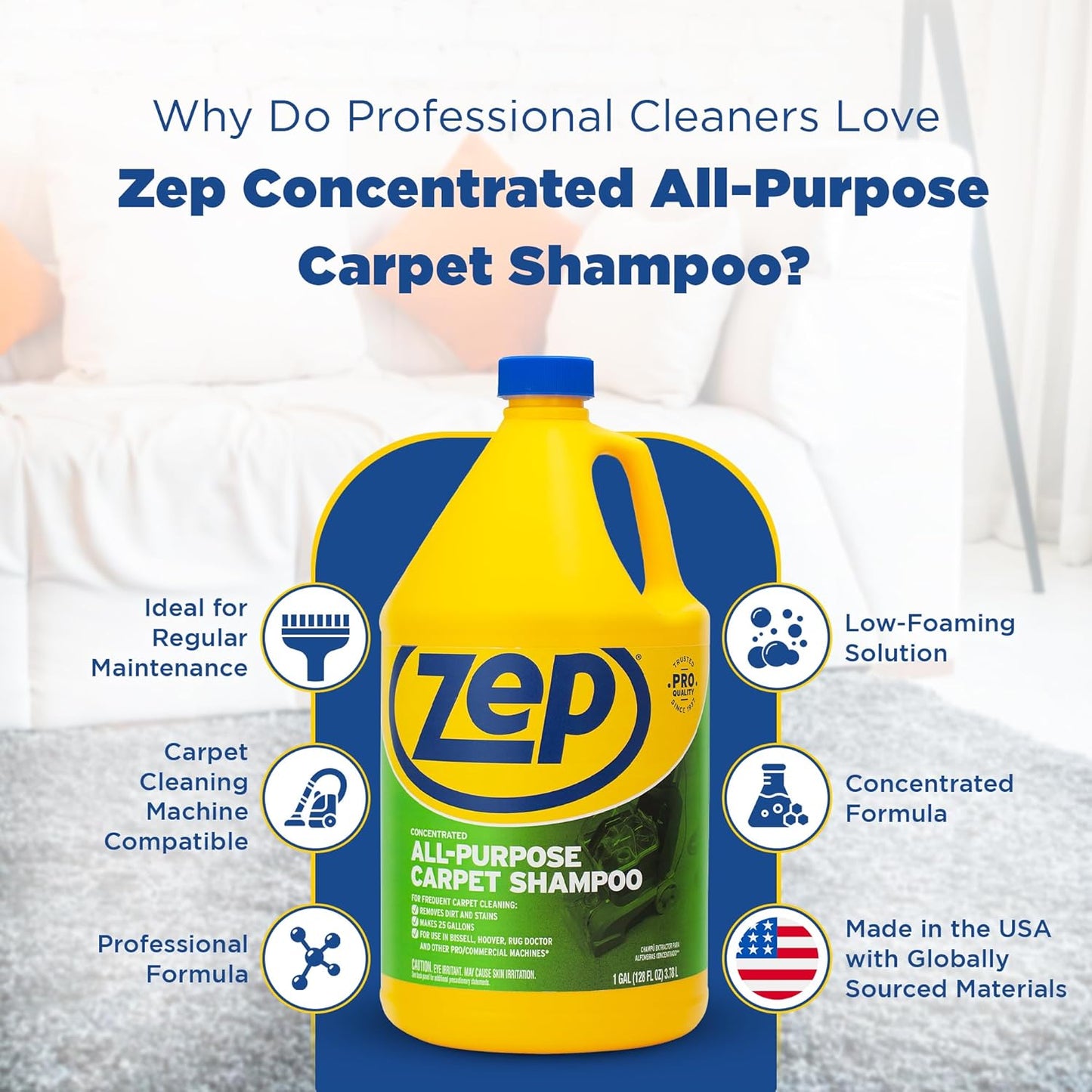 Zep All-Purpose Carpet Shampoo Concentrate Cleaner - 1 Gallon (Case of 2) ZUCEC128 - Professional