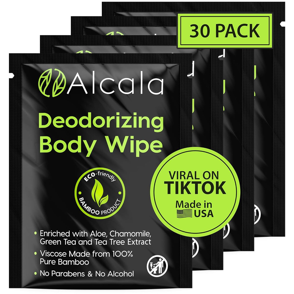 Alcala Deodorizing Body Wipes Individual Shower Wipes 100% Pure Biodegradable Bamboo Wet Wipes with