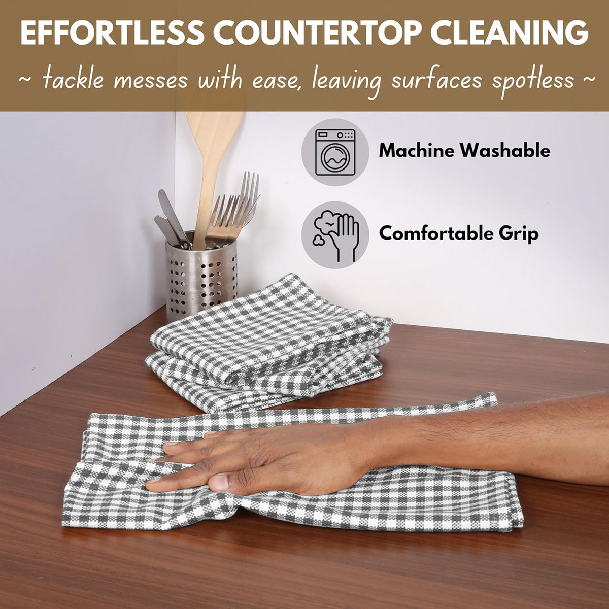 Native Fab 4 Pack Gingham Plaid Kitchen Towels 16"x26" - 100% Cotton Absorbent Washable Tea Towels