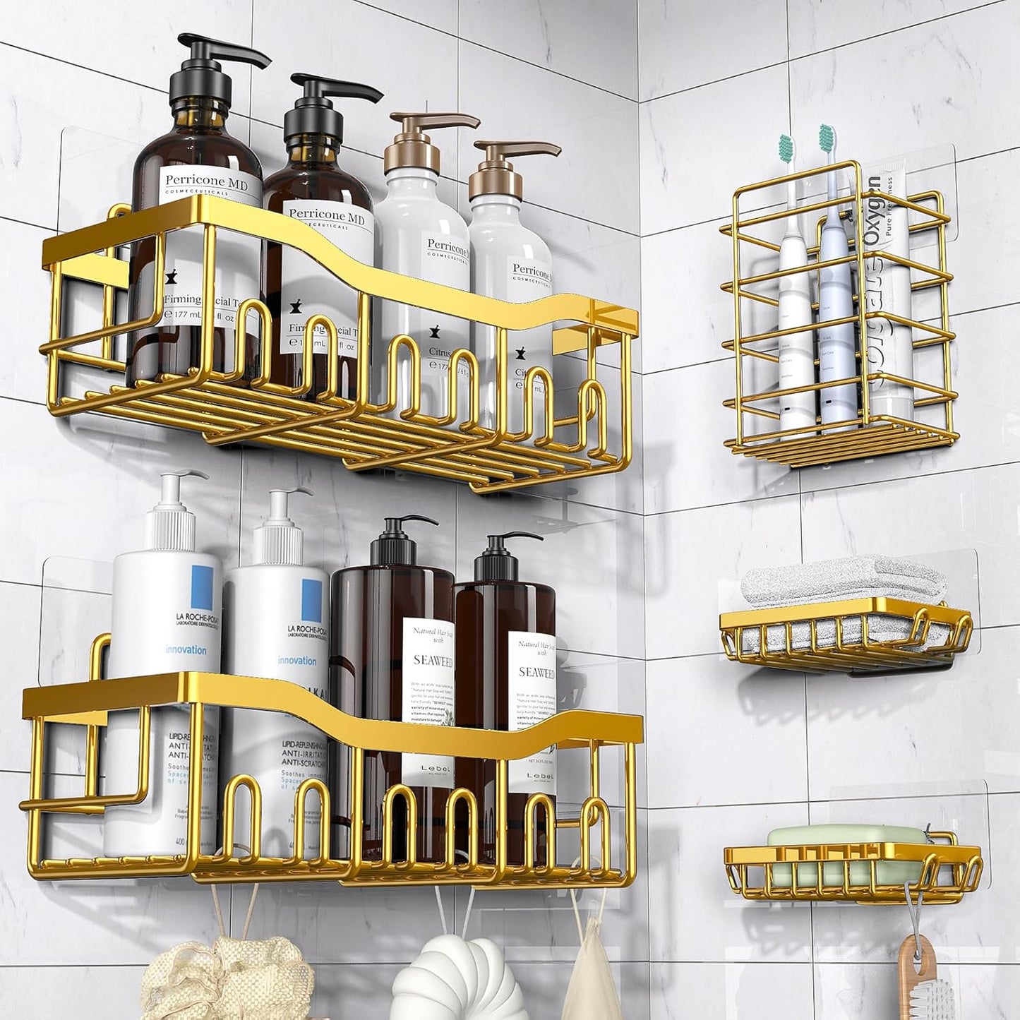 EUDELE 5-Pack Rustproof Stainless Steel Shower Caddy – No Drill Adhesive Bathroom Organizer with