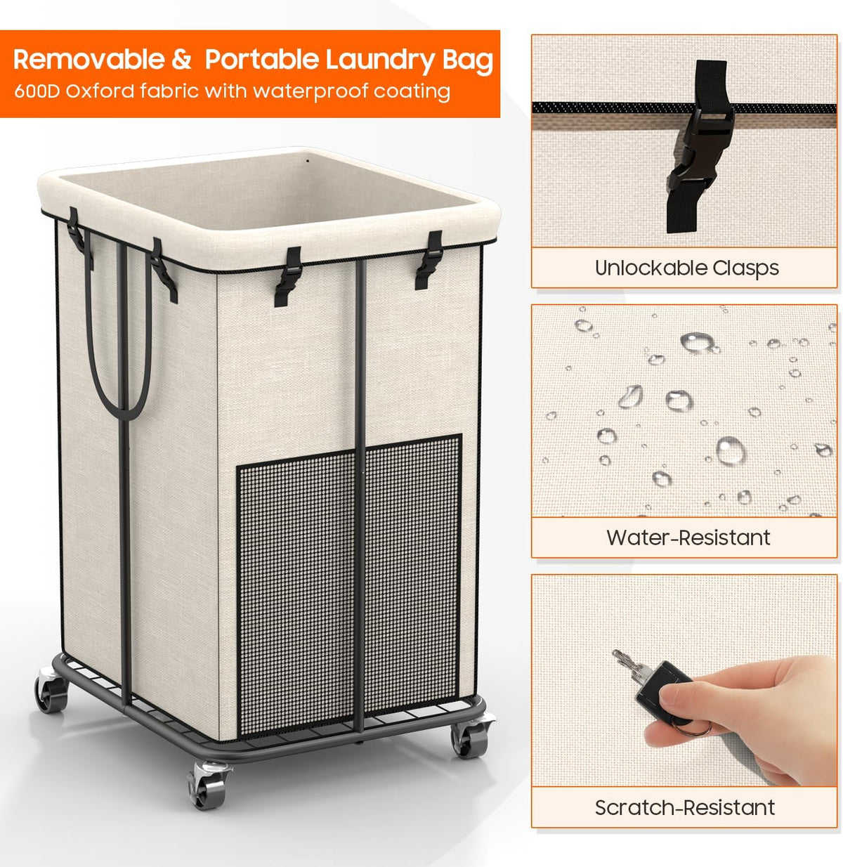 150L Laundry Hamper with Wheels, Rolling Laundry Basket with Metal Frame and Removable Bag, Large &