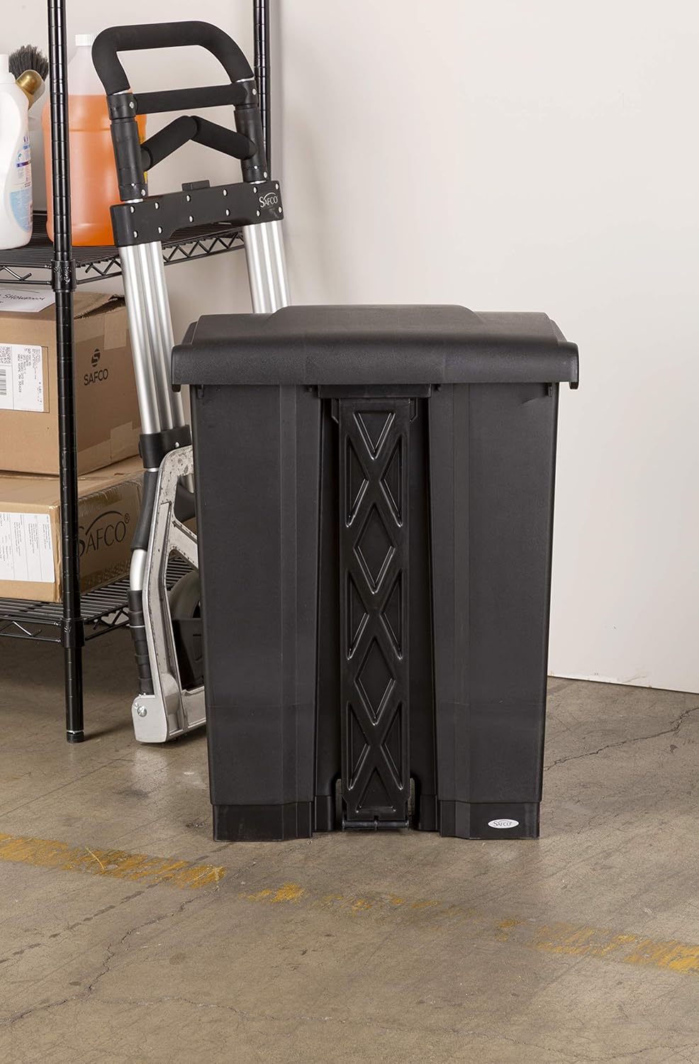 Safco Step On Plastic Trash Can with Foot Pedal, 23 Gallon Garbage Can for Kitchen, Indoor or