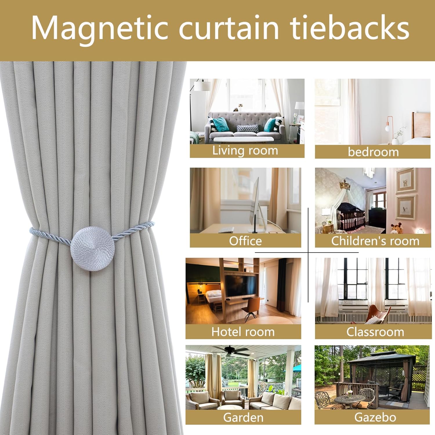 Magnetic Curtain Tiebacks - 12mm Magnetic Tie Backs for Curtains, Heavy Duty No Drill Curtain
