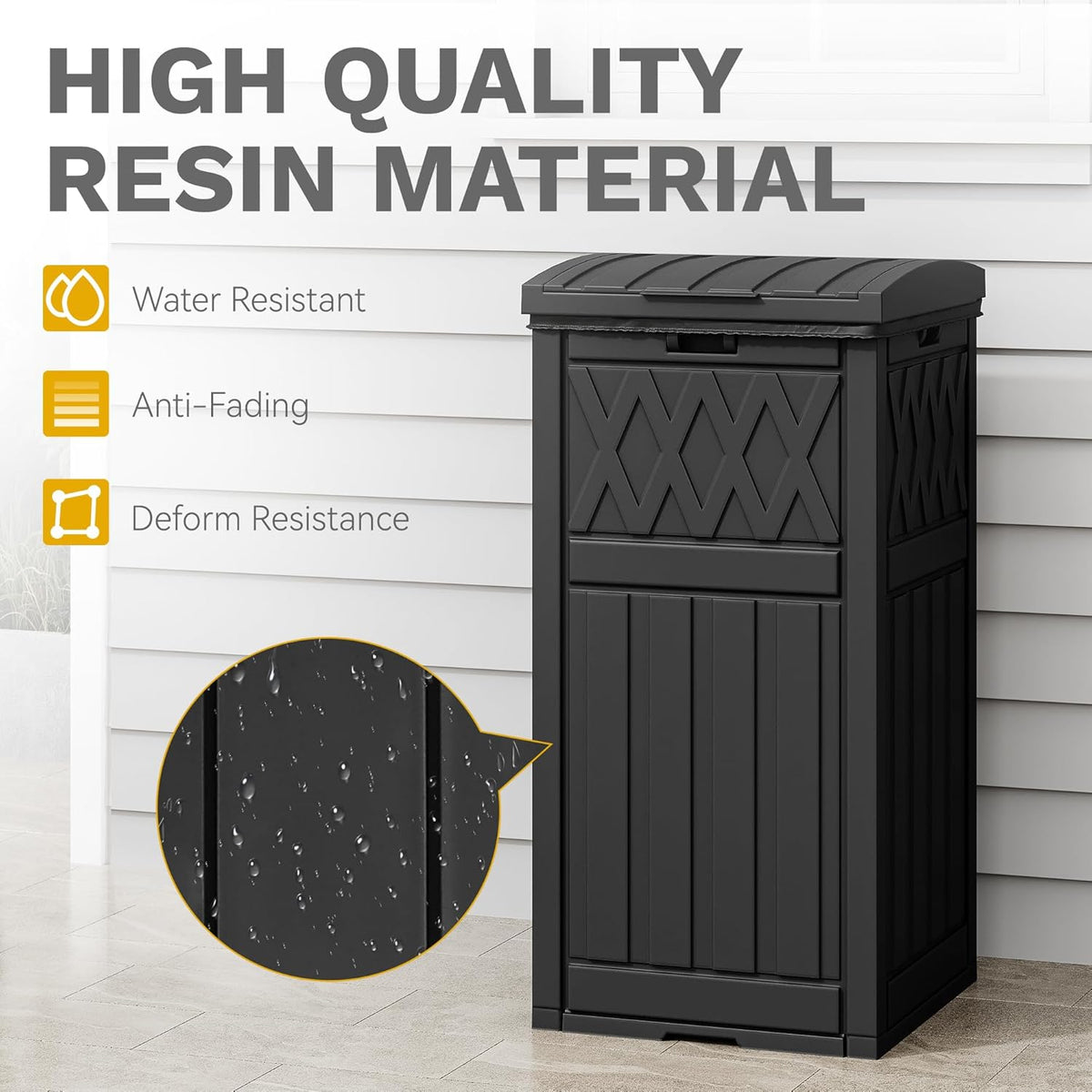 DWVO 36-Gallon Outdoor Trash Can with Fabric Bag, Tiered Lid & Drip Tray, Waterproof Resin Garbage
