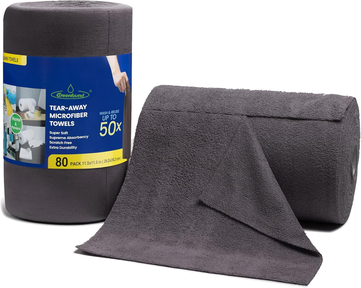 Greenfound Microfiber Cleaning Cloth Roll -80 Pack, 11.5x11.5, Tear Away Towels, Reusable and