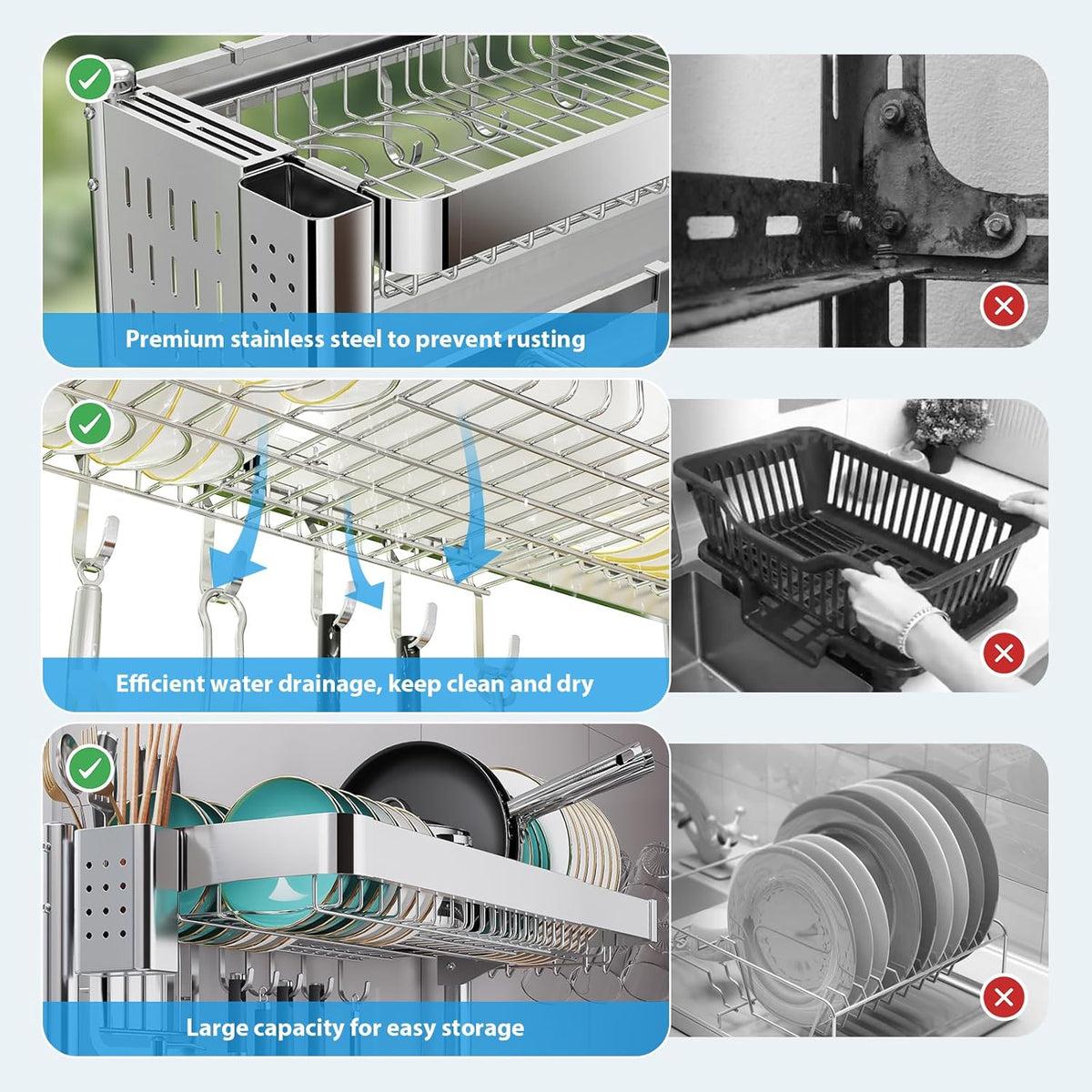 Over The Sink Dish Drainer Drying Rack, 2 Tier Adjustable Width (20.87'' to 37.6'') 304 Stainless