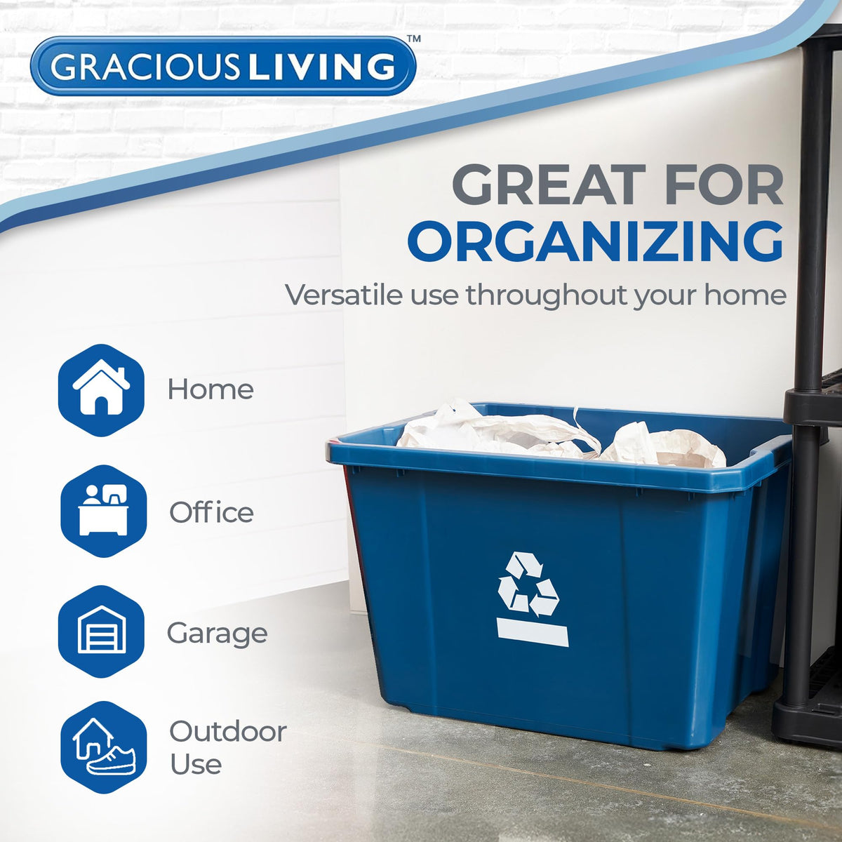 Gracious Living Recycling Bin Container, Plastic Trash Can, 17 Gallon