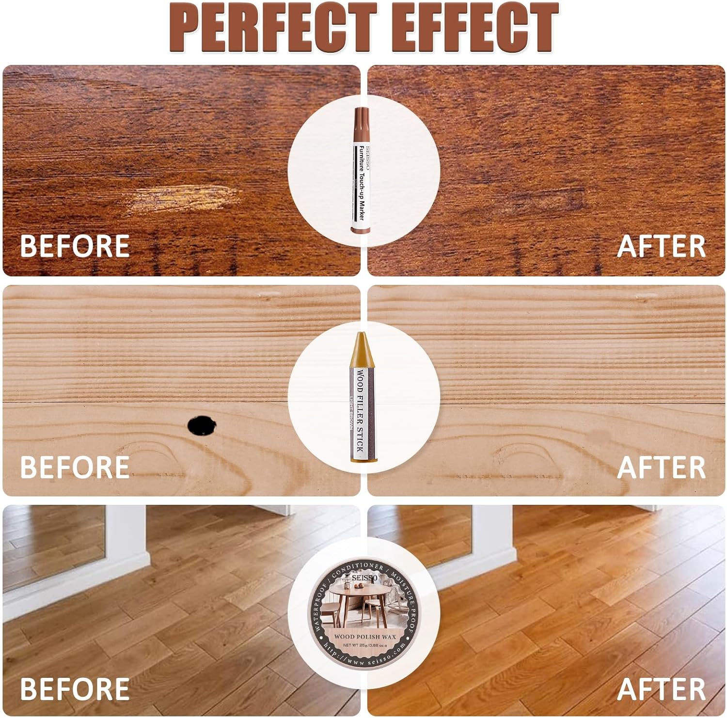 SEISSO Furniture Repair Kit, 18 Colors Touch Up Markers and Wood Filler Sticks with Wood Polish Wax