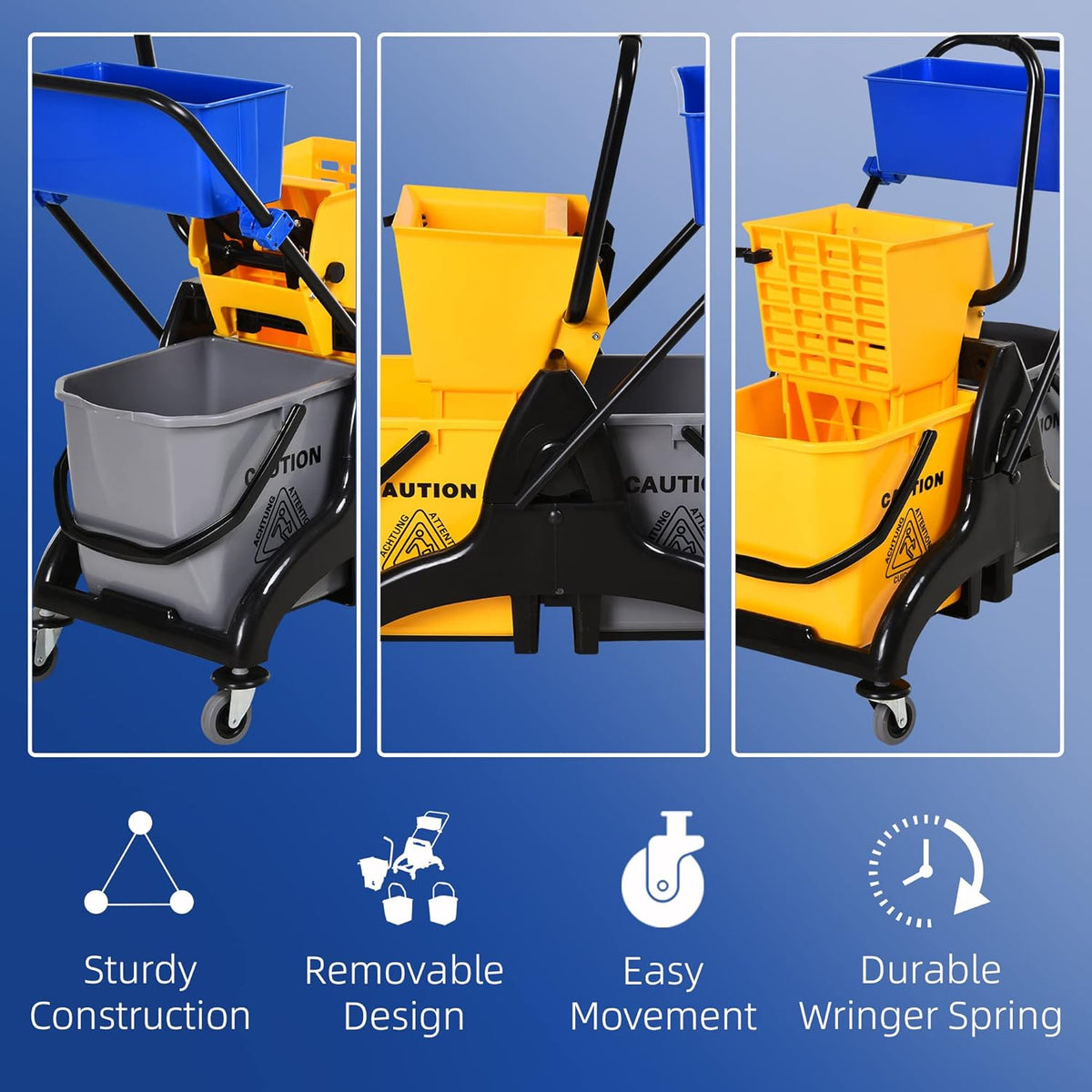 HOMCOM 2 x 6.9 Gallon Mop Water Bucket Wringer Cart with Easy to Use Side Press Wringer, Smooth