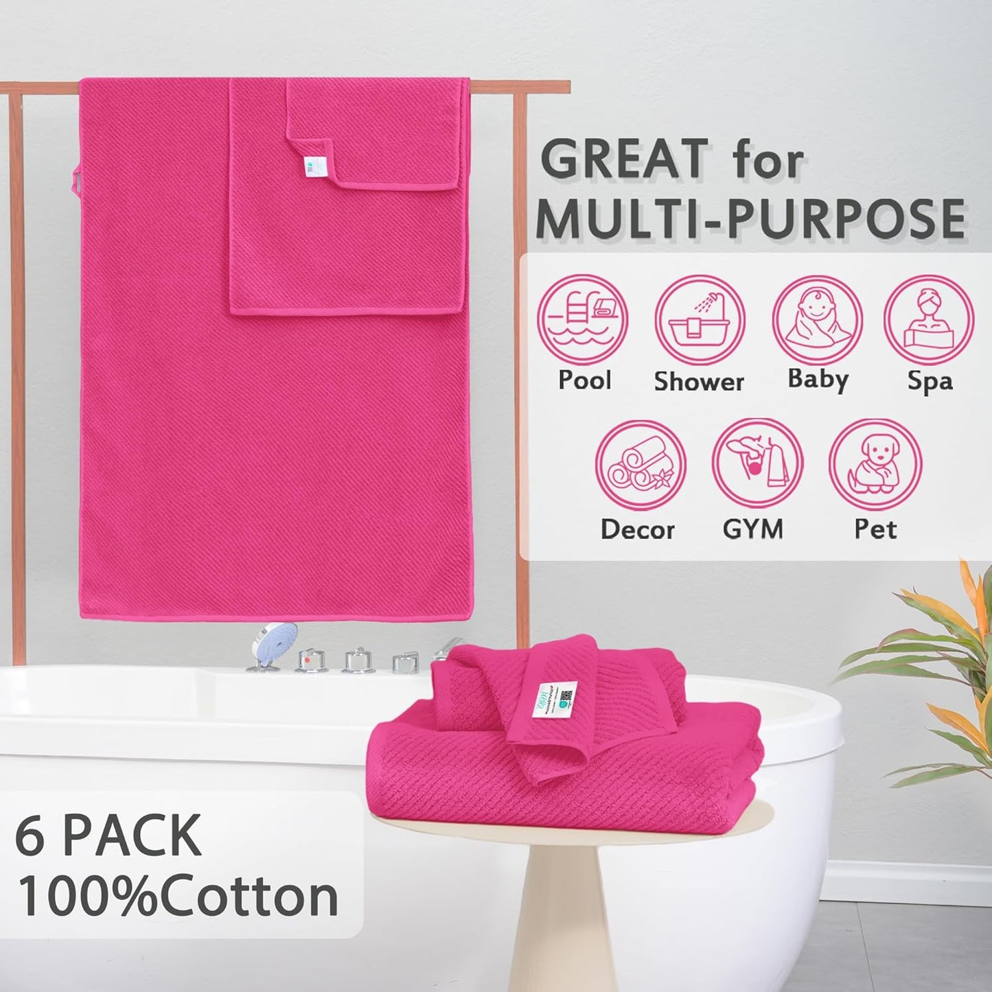 Hot Pink Towels - 100% Cotton, Soft, Quick Dry, Lightweight, Towel Set of 6, 2 Large Bath 30"x56"