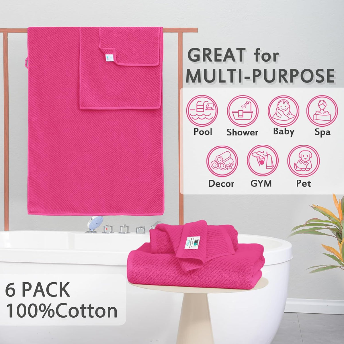 Hot Pink Towels - 100% Cotton, Soft, Quick Dry, Lightweight, Towel Set of 6, 2 Large Bath 30"x56"