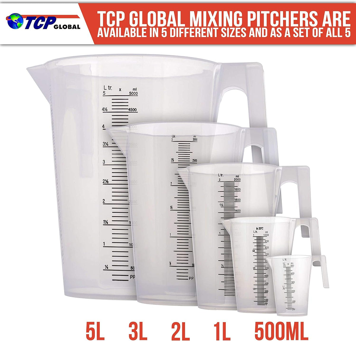 TCP Global 2 Liter (2000ml) Plastic Graduated Measuring and Mixing Pitcher (Pack of 4) - Holds Over