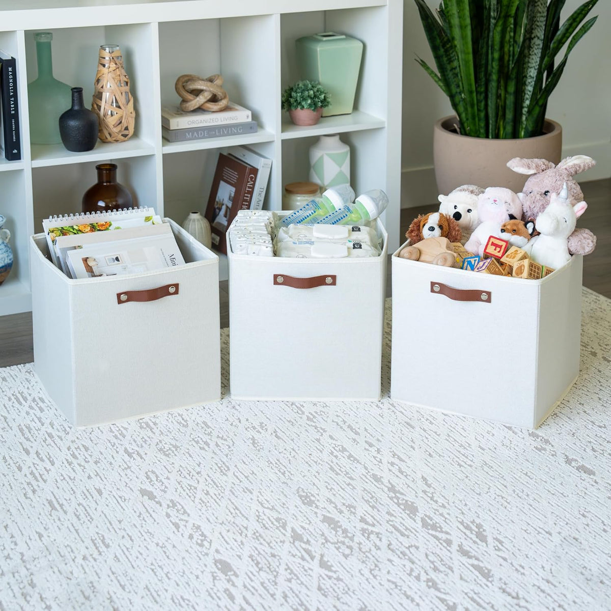 OrganiHaus 13x13 Cube Fabric Storage Bins Set of 4, Fabric Storage Cubes w/ Vegan Handles, 13 inch