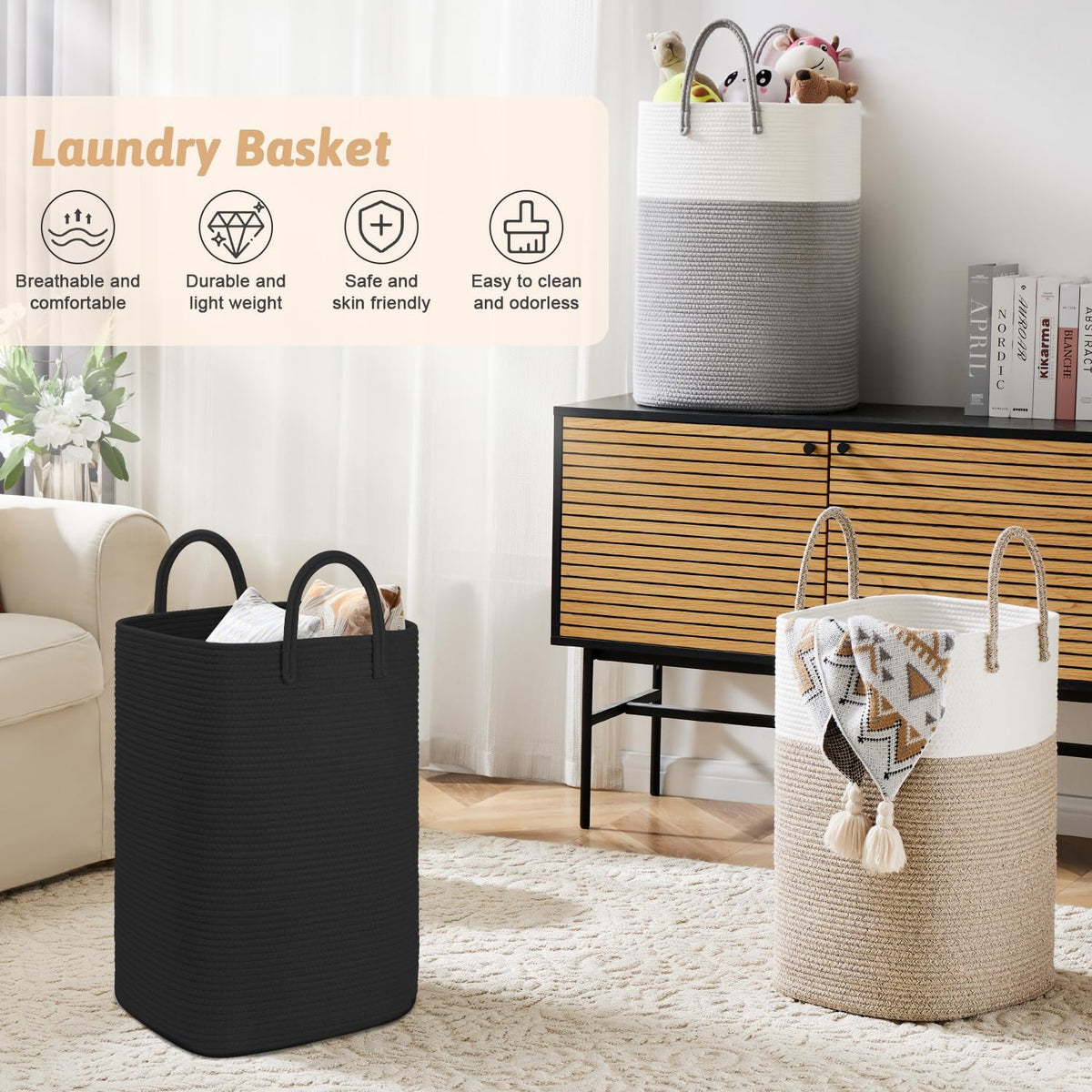 Laundry Basket,Woven Cotton Rope Laundry Hamper,60L Versatile Storage for Dirty Clothes,Baby