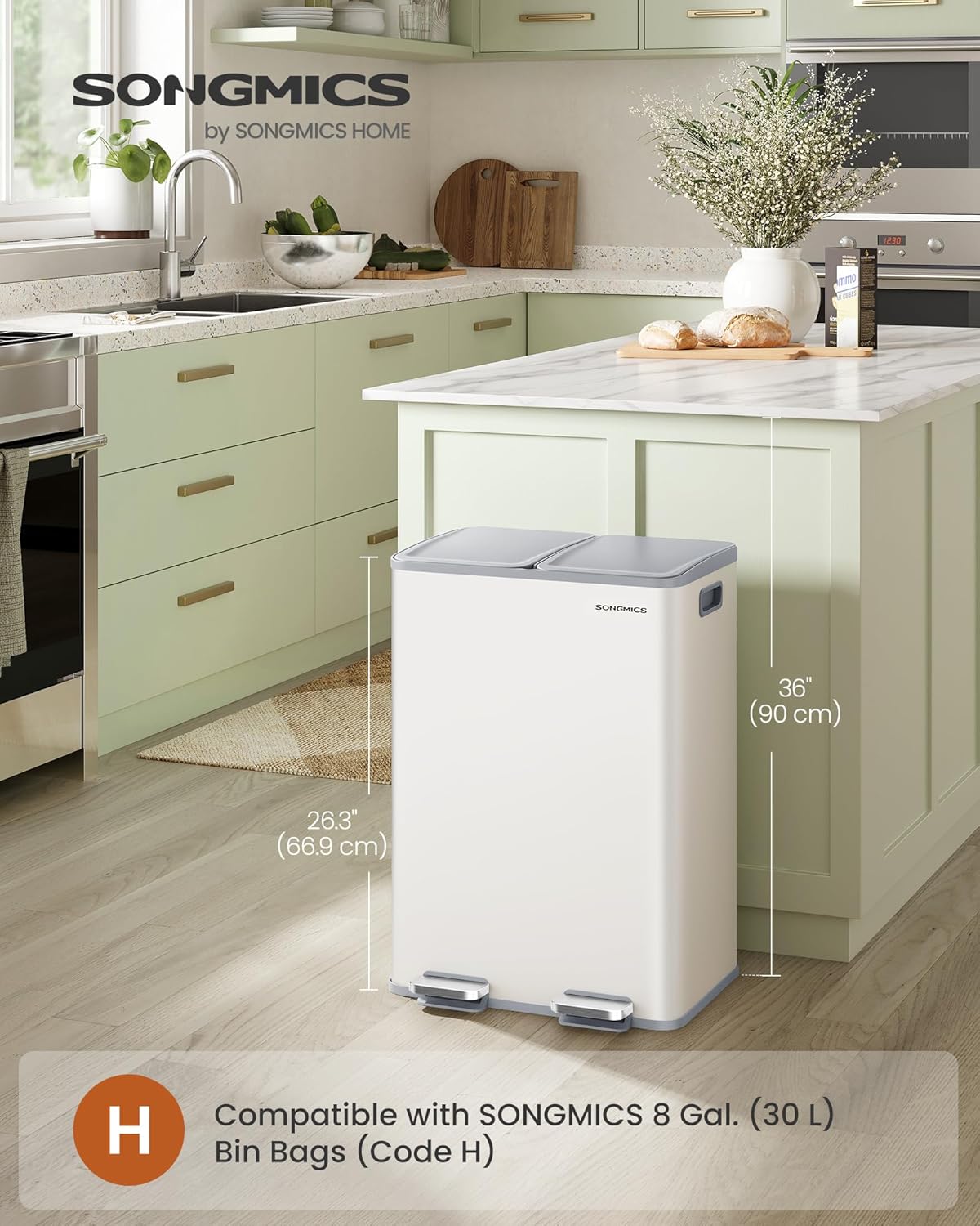 SONGMICS Trash Can, 2 x 8 Gallon (2 x 30 L) Dual-Compartment Garbage Can with Soft-Close Lid, Pedal