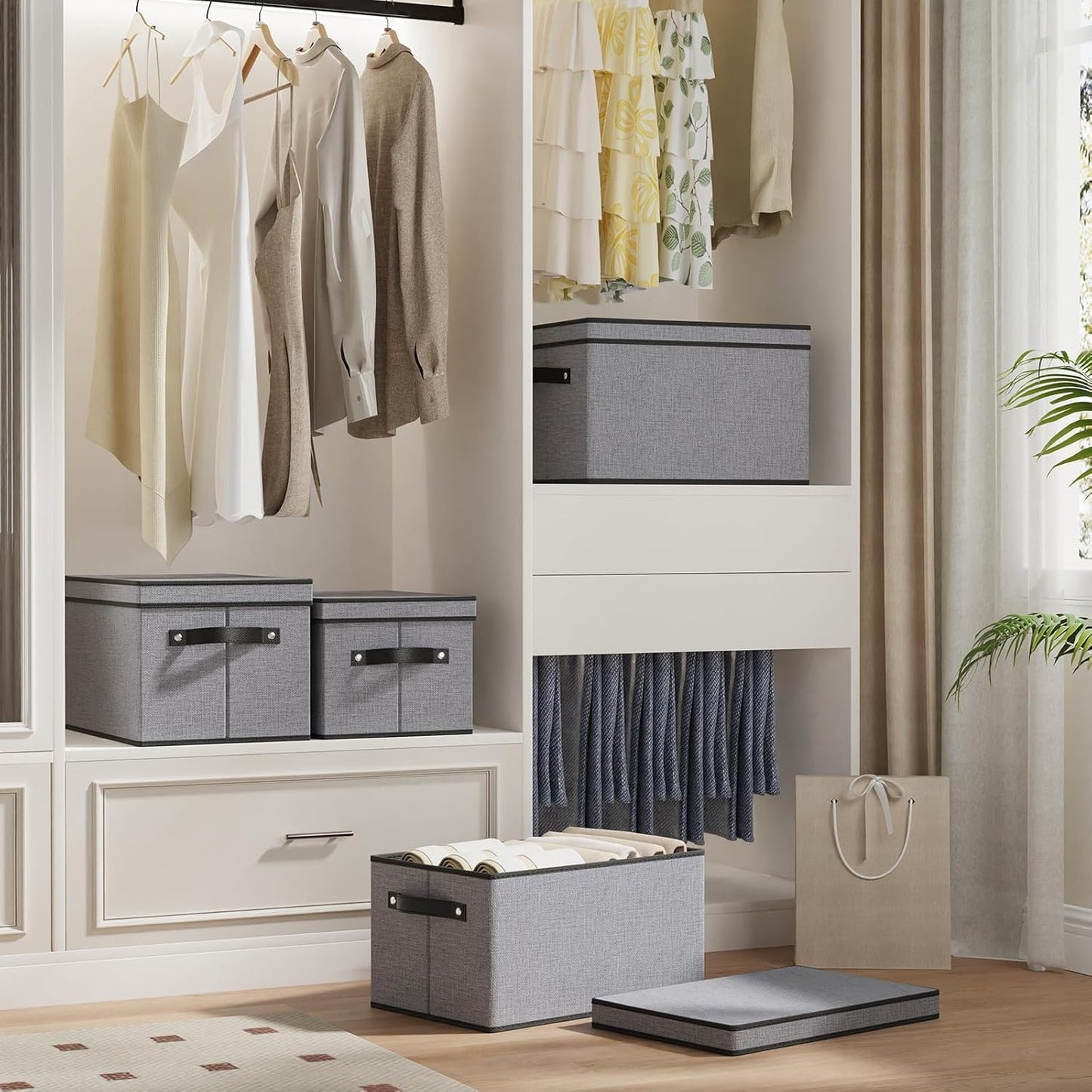 Storage Boxes, 15 x 9.8 x 8.3 Inch Baskets for Organizing with Lids, Fabric Bins with Handles