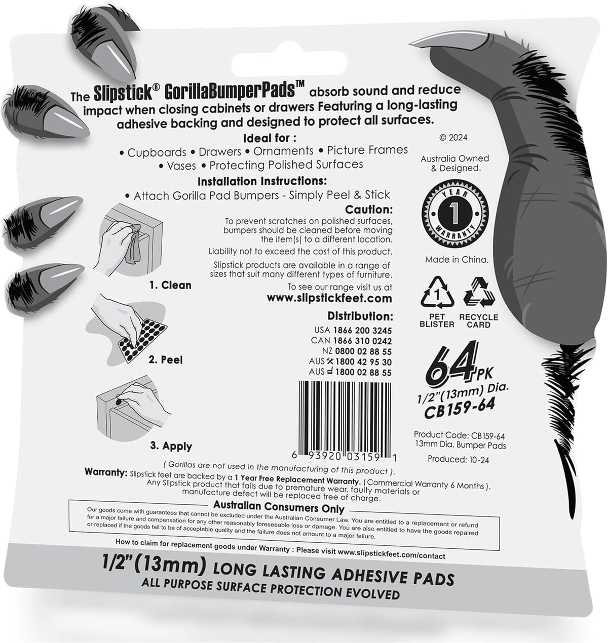 Slipstick GorillaBumperPads Premium 1/2” Rounds Adhesive Non Slip Pads/Bumpers (64 Gripper Dots)