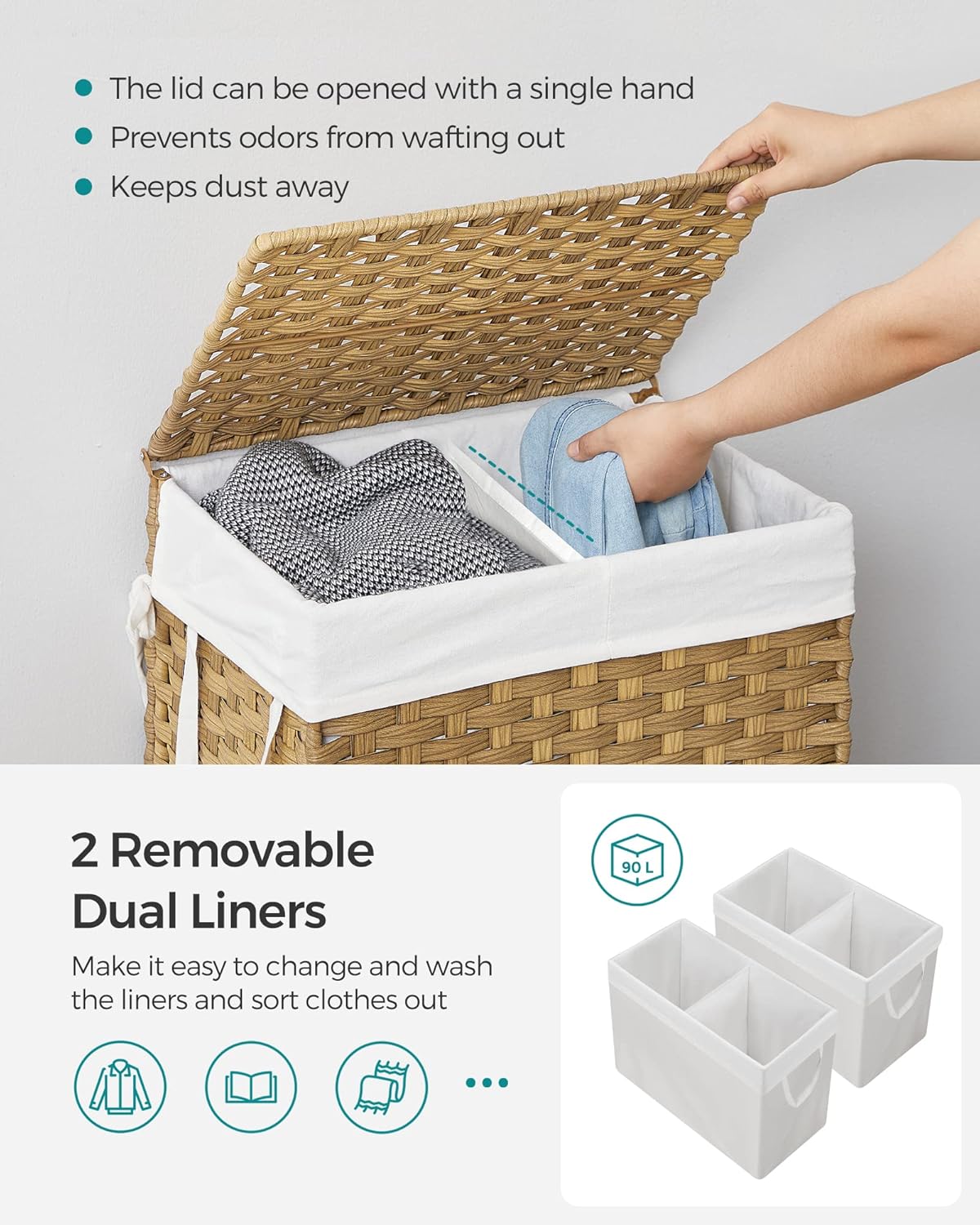 SONGMICS Laundry Hamper with Lid, 90L Clothes Hamper with 2 Removable Liner Bags, 6 Mesh Bags