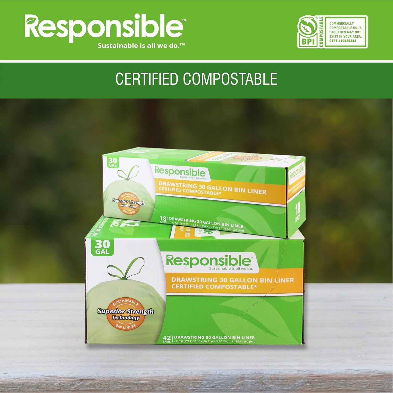 Responsible Products Kitchen Bin Liners, Certified Compostable, Heavy Duty Multipurpose Food Scrap